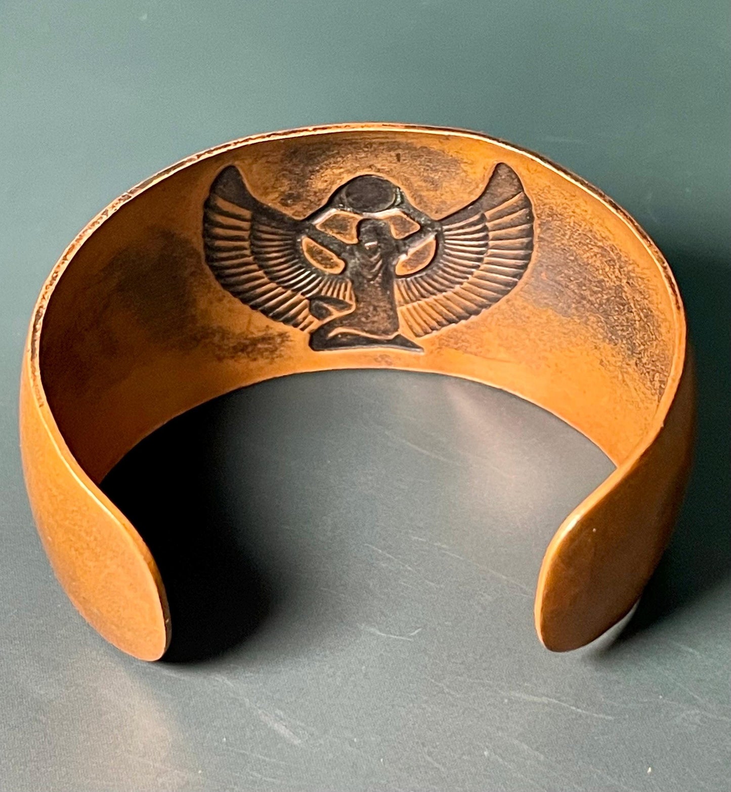 Bold Copper Cuff Bracelet with Egyptian Goddess Isis Symbol  2.5 Wide