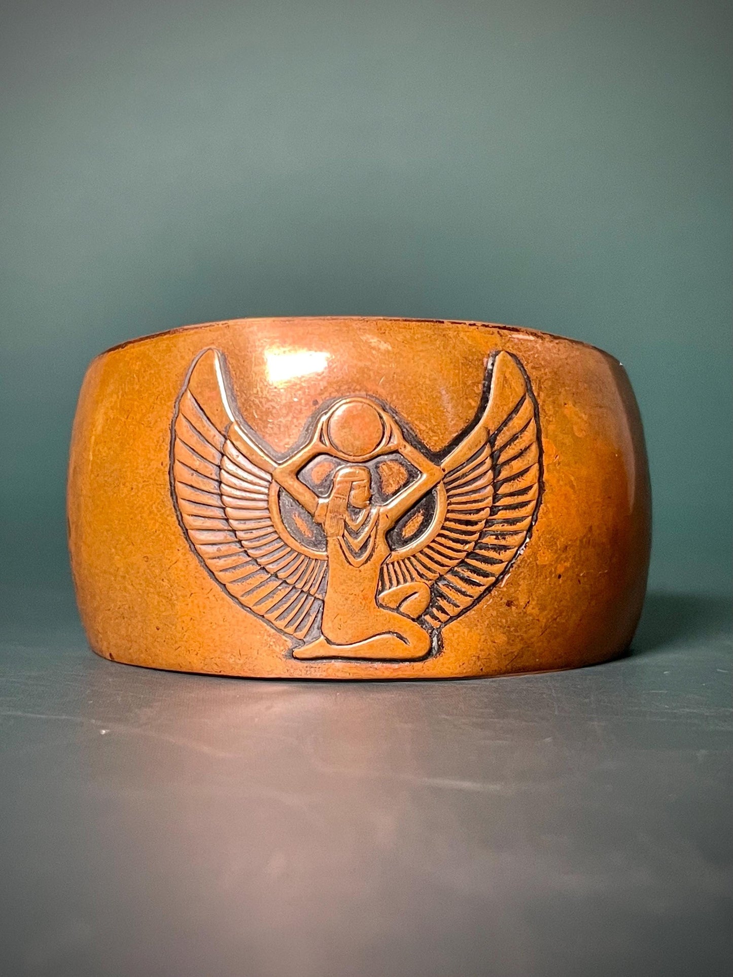 Bold Copper Cuff Bracelet with Egyptian Goddess Isis Symbol  2.5 Wide