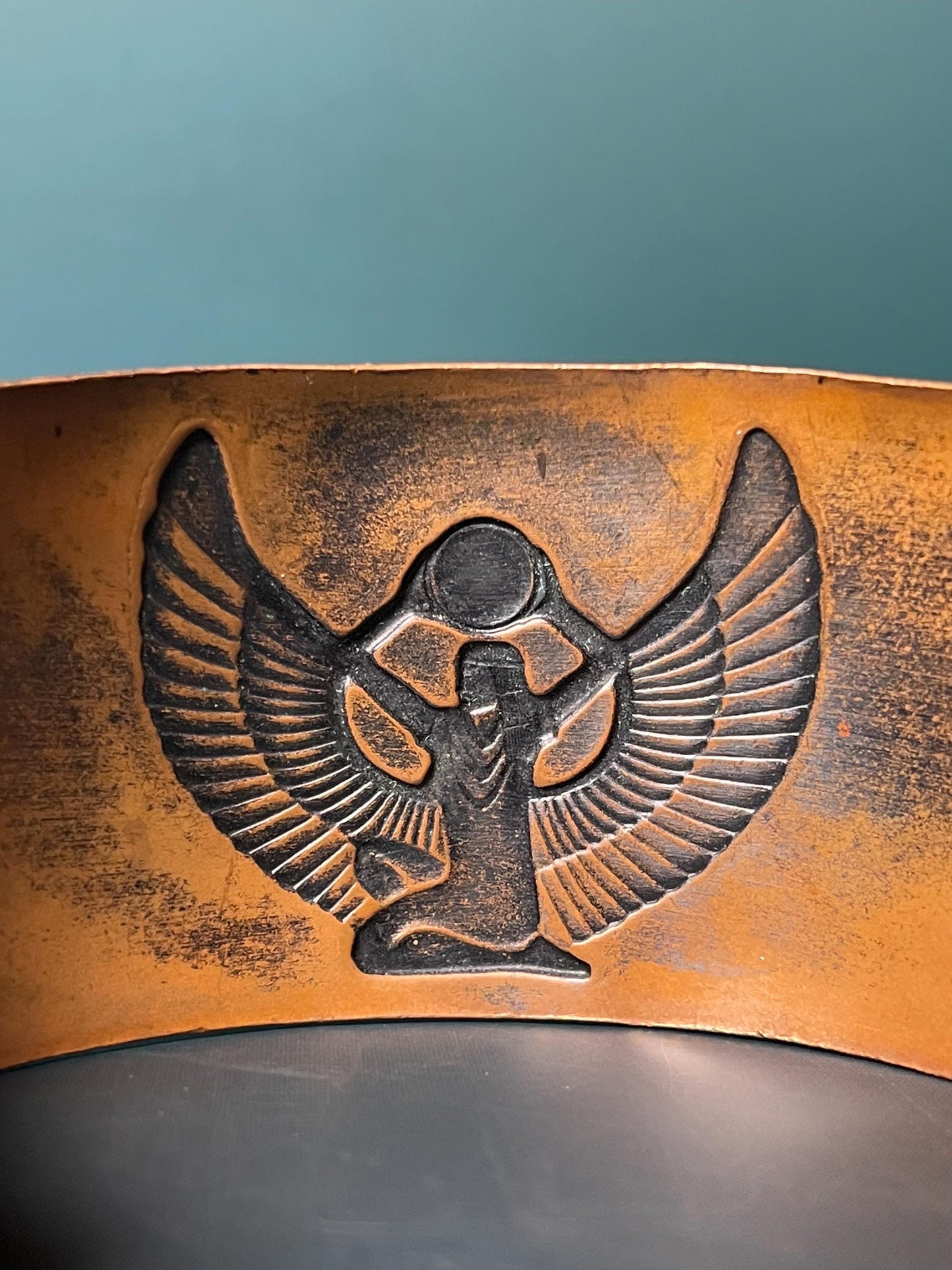 Bold Copper Cuff Bracelet with Egyptian Goddess Isis Symbol  2.5 Wide