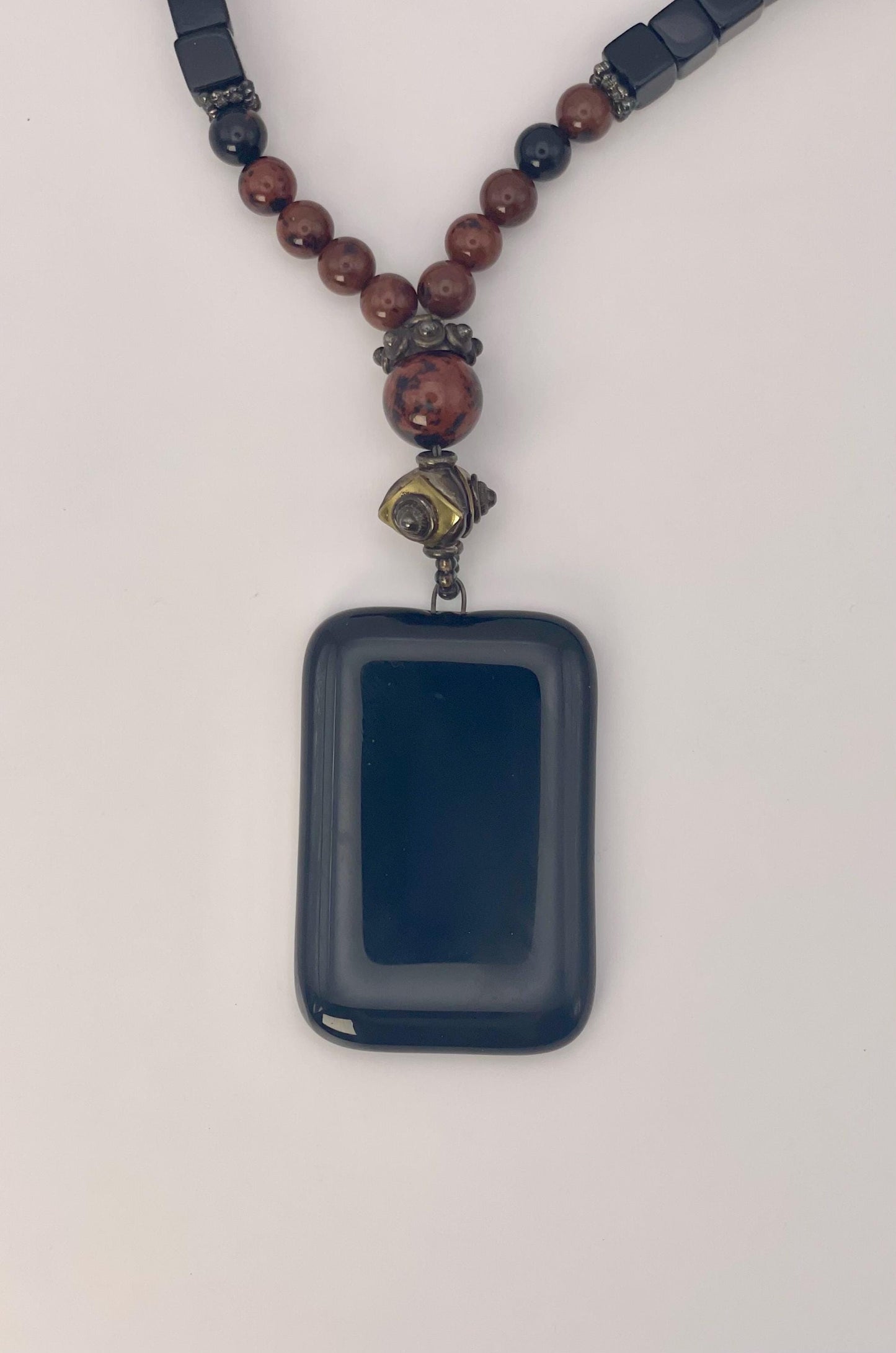 Beaded Necklace with Black Resin Pendant