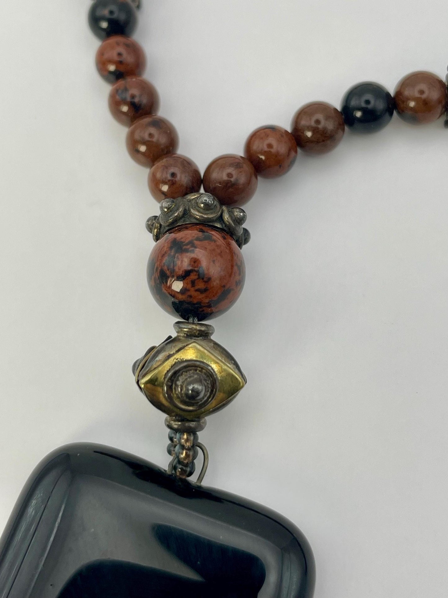 Beaded Necklace with Black Resin Pendant