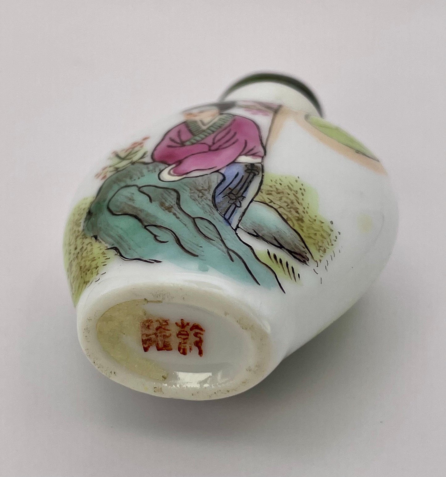 Chinese hand painted porcelain snuff bottle with jade top  Signed