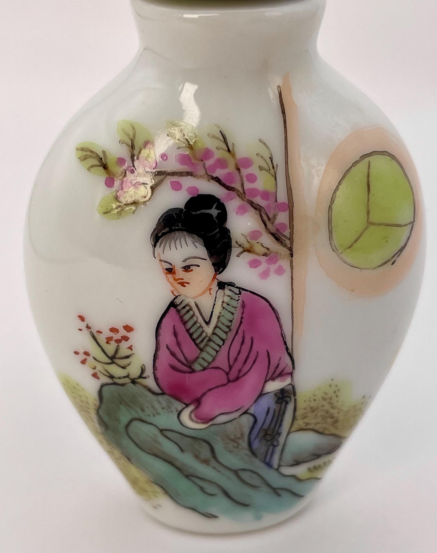 Chinese hand painted porcelain snuff bottle with jade top  Signed