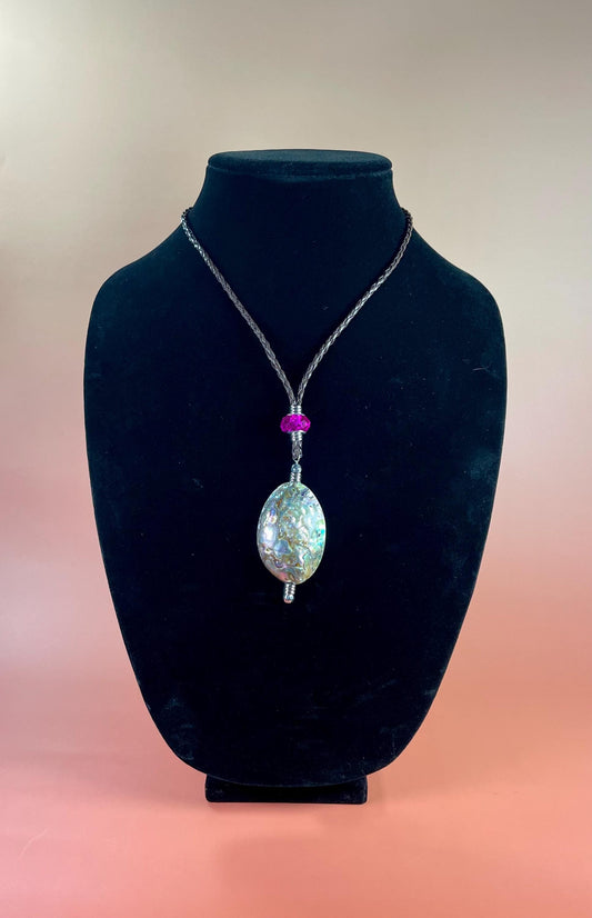 Abalone Pendant Necklace with Bead Accent  30 Chain, 3.5 Pendant
