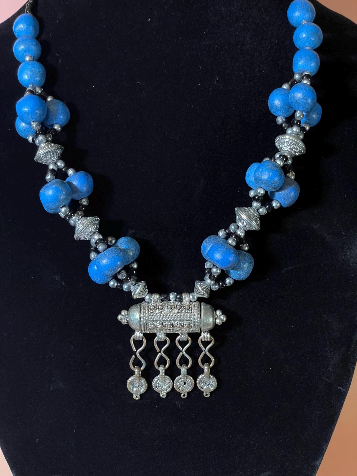 21 inch Stone, Bead and Silver Necklace with Amulet