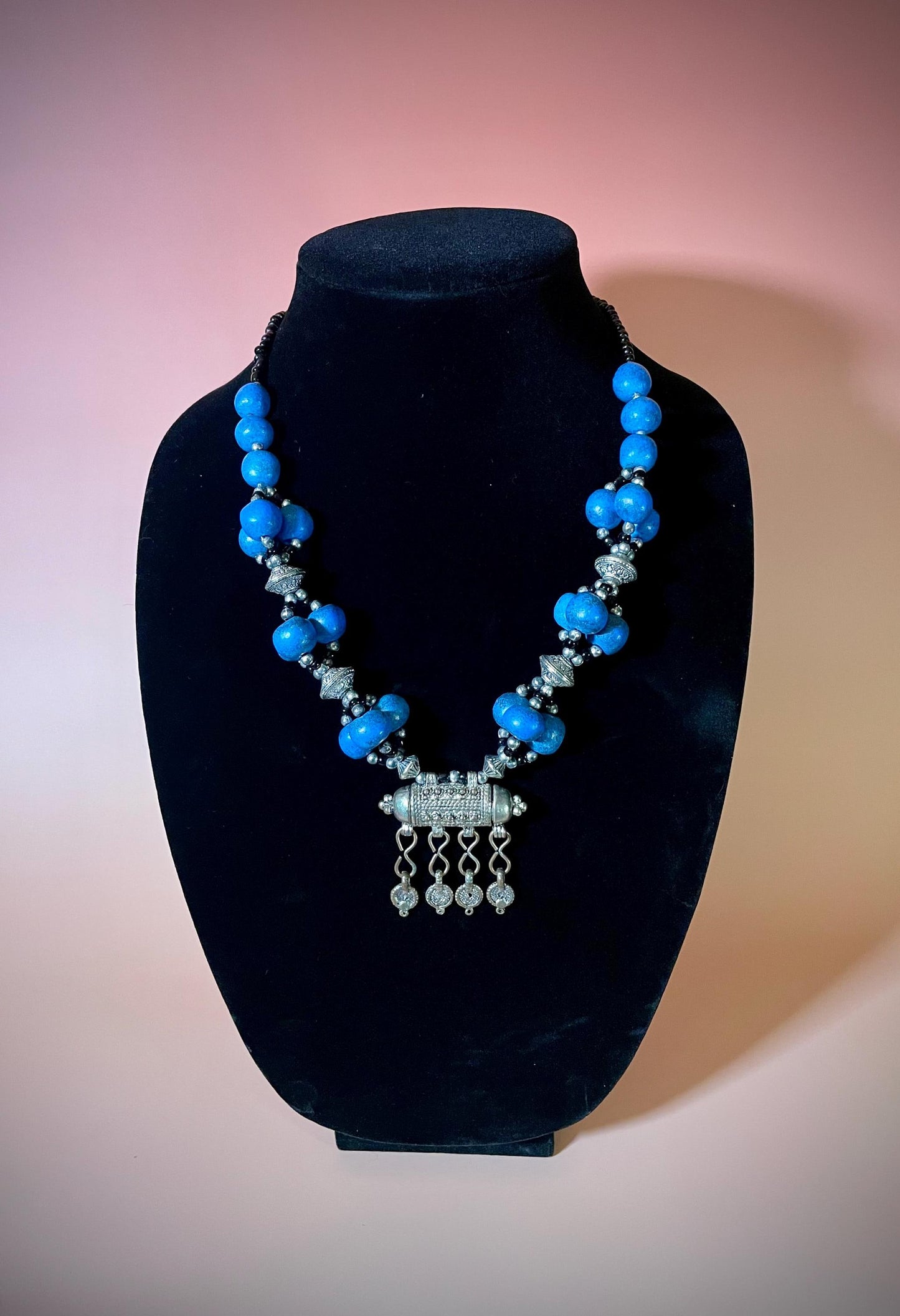 21 inch Stone, Bead and Silver Necklace with Amulet