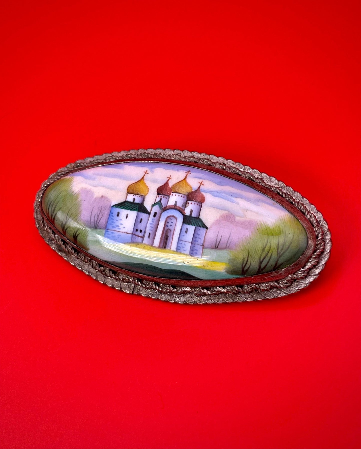 Eastern European Silver and Enamel Brooch 2.25 inches