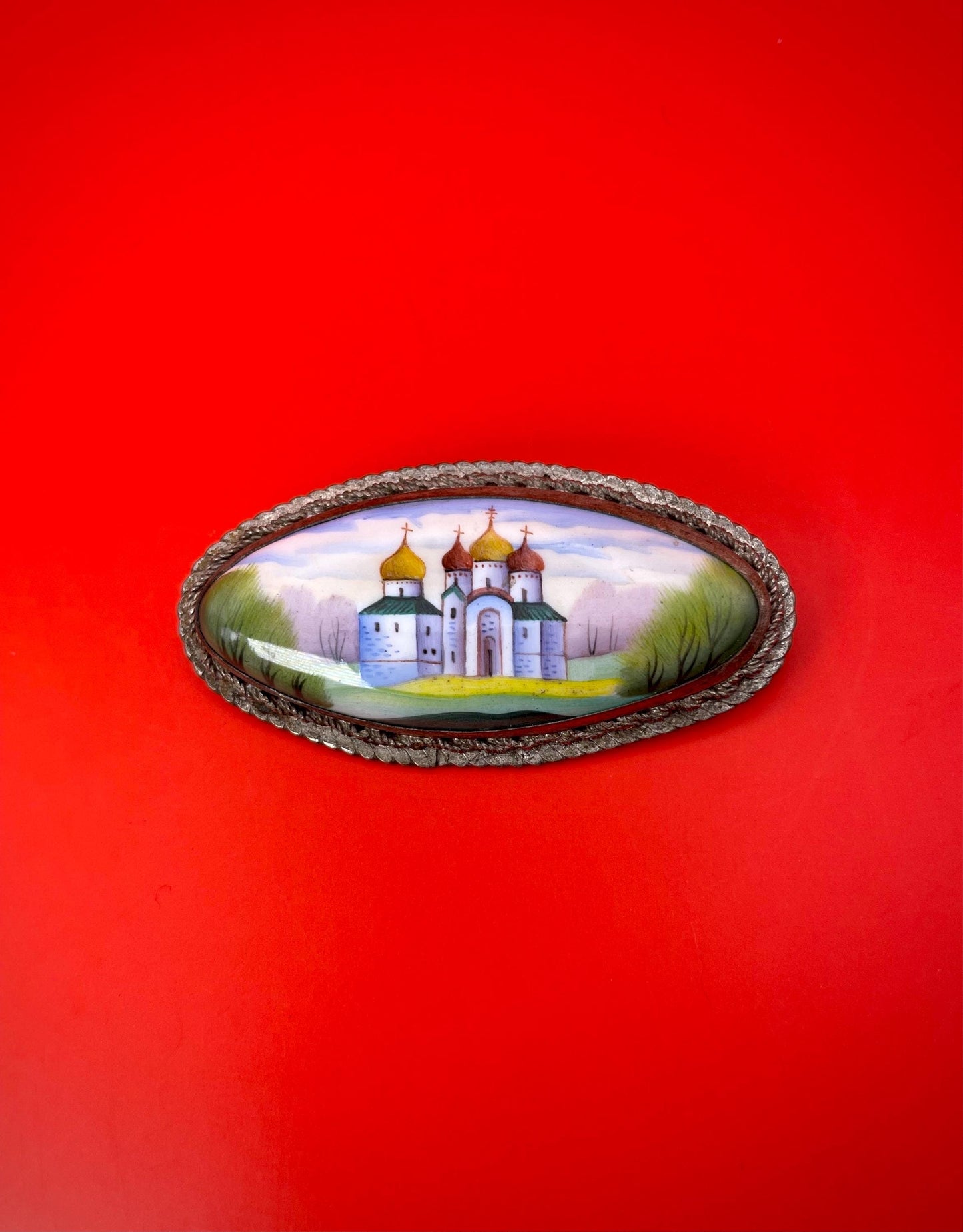 Eastern European Silver and Enamel Brooch 2.25 inches