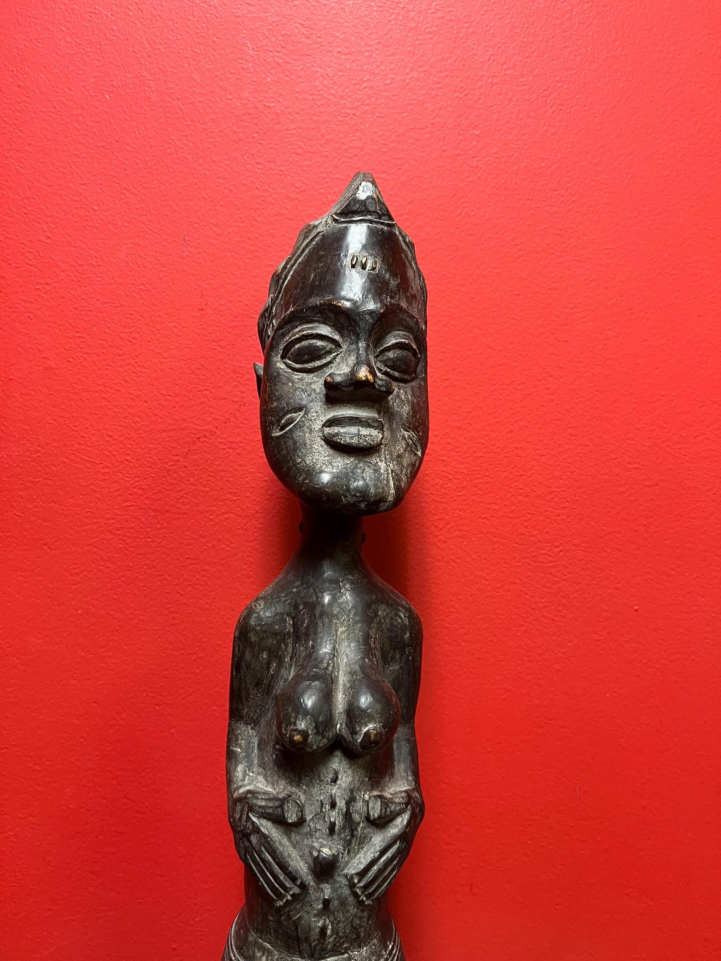 Rare western African wood fertility statue  wonderful detail and quality  African cultural treasure  19 inches tall