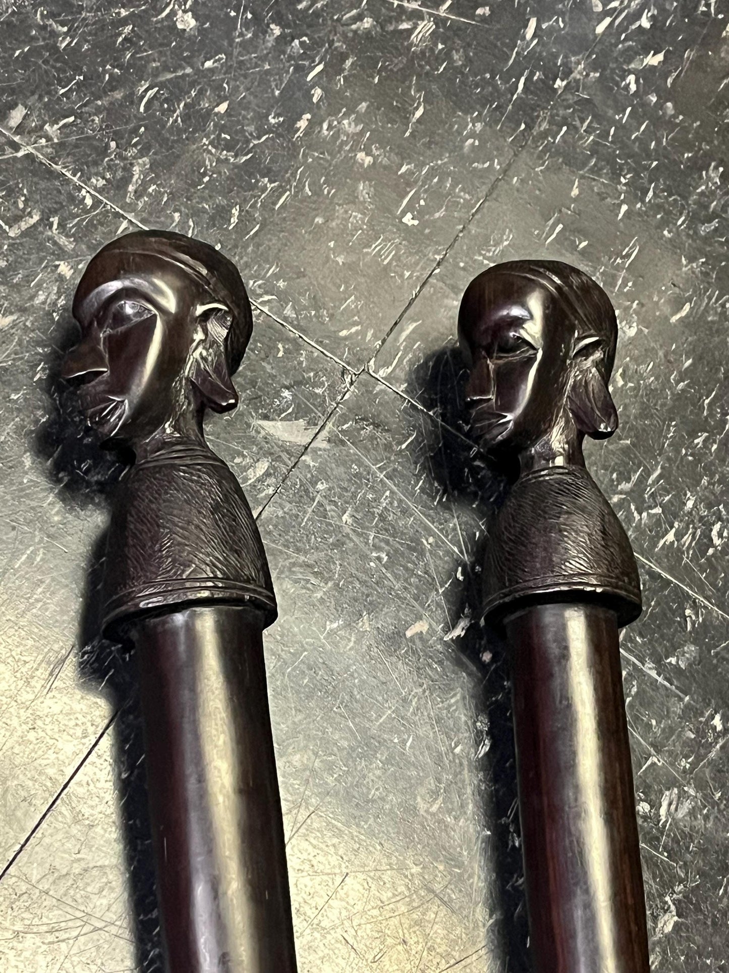 Stunning African Tanzania ebony wood 24 inch dancing Spears 1960s incredible detail and quality  his and hers