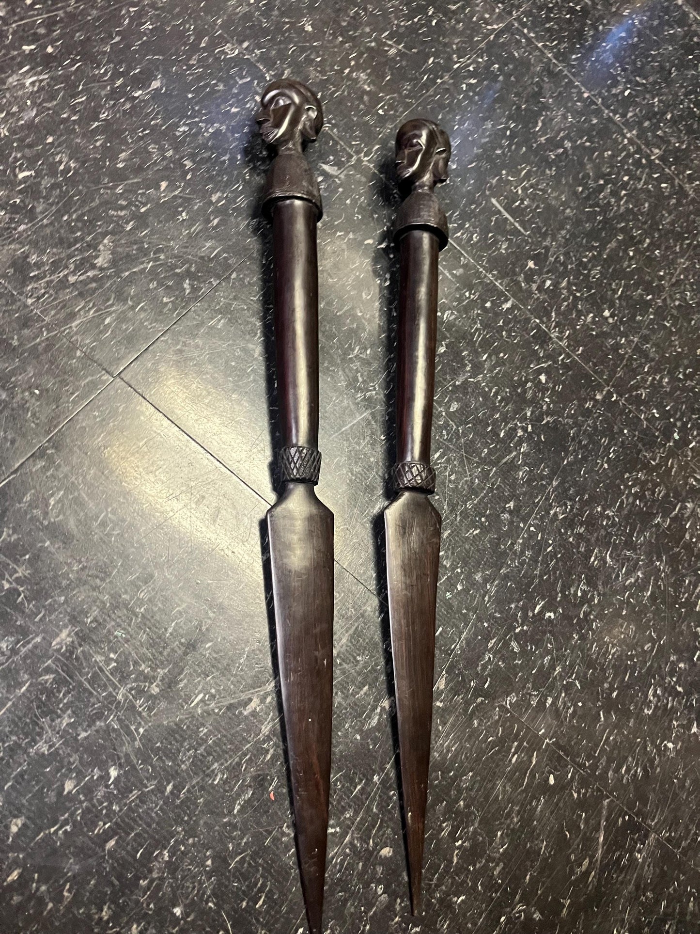Stunning African Tanzania ebony wood 24 inch dancing Spears 1960s incredible detail and quality  his and hers