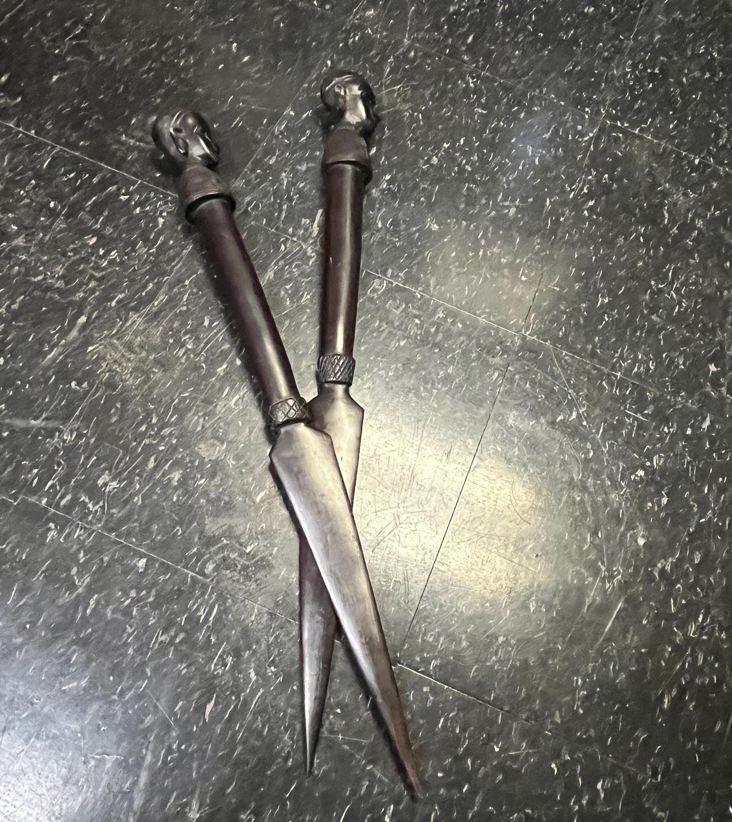 Stunning African Tanzania ebony wood 24 inch dancing Spears 1960s incredible detail and quality  his and hers