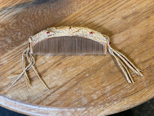 Native Beaded and Leather Covered Wooden Comb