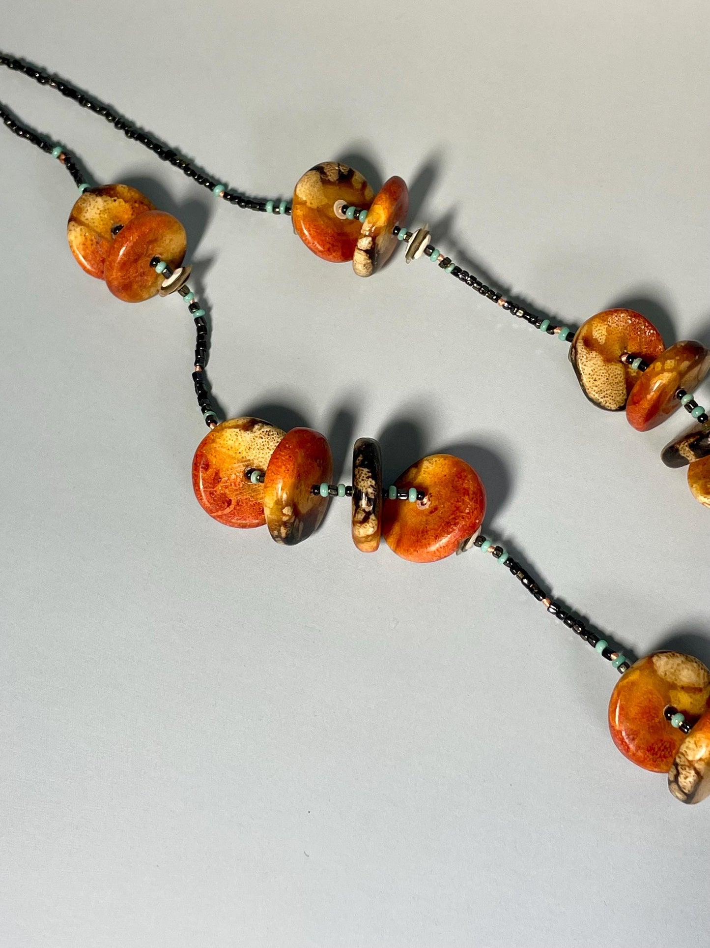 29 inch Tribal Necklace with Beads, Stone, Wood, and Bone  6 inch Tassel Drop