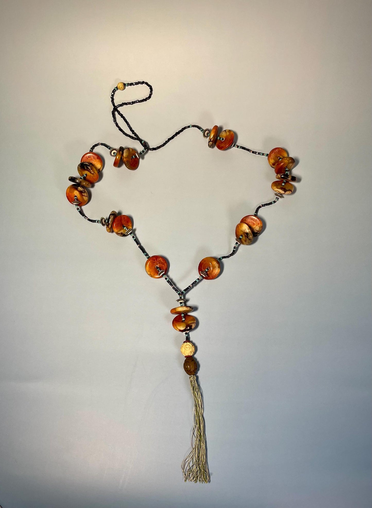 29 inch Tribal Necklace with Beads, Stone, Wood, and Bone  6 inch Tassel Drop