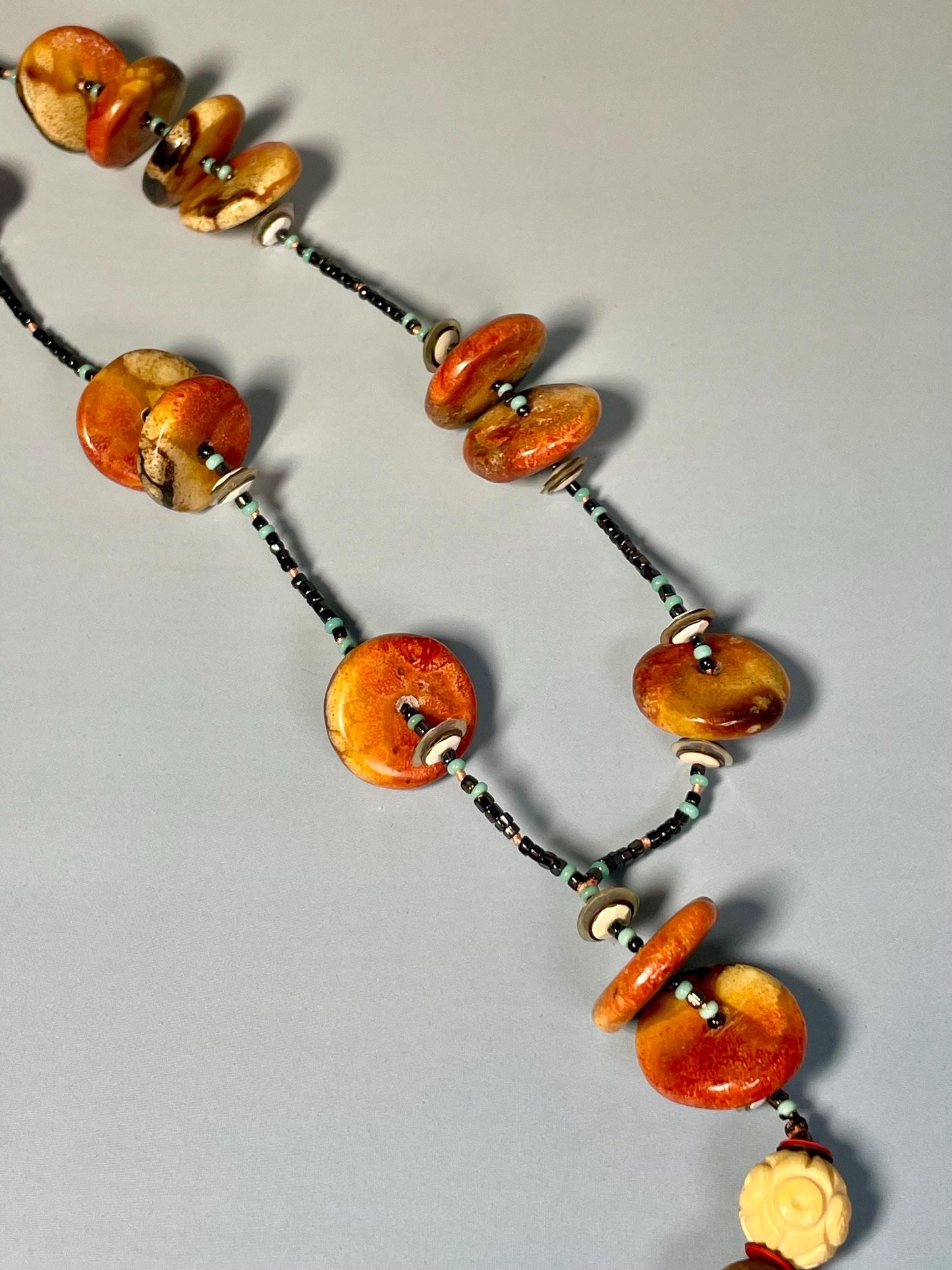 29 inch Tribal Necklace with Beads, Stone, Wood, and Bone  6 inch Tassel Drop