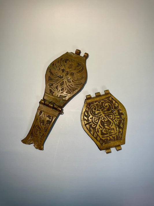 Lot of 2 Ancient Bronze Artifacts (4.24-8 inches) with Etched Design  One Hinged