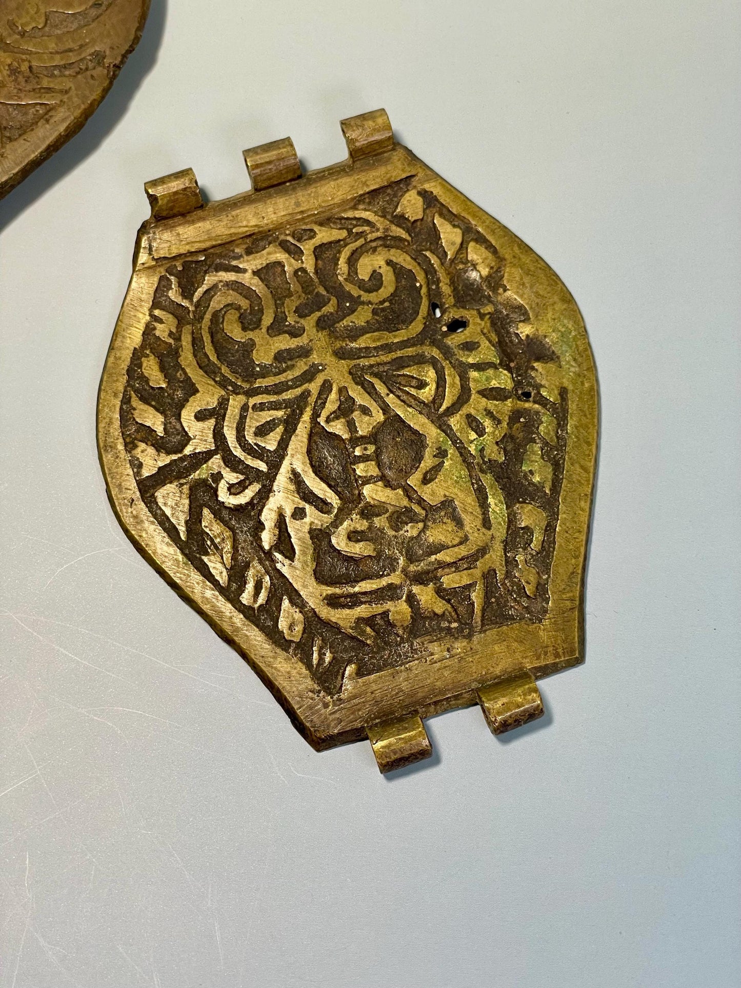 Lot of 2 Ancient Bronze Artifacts (4.24-8 inches) with Etched Design  One Hinged