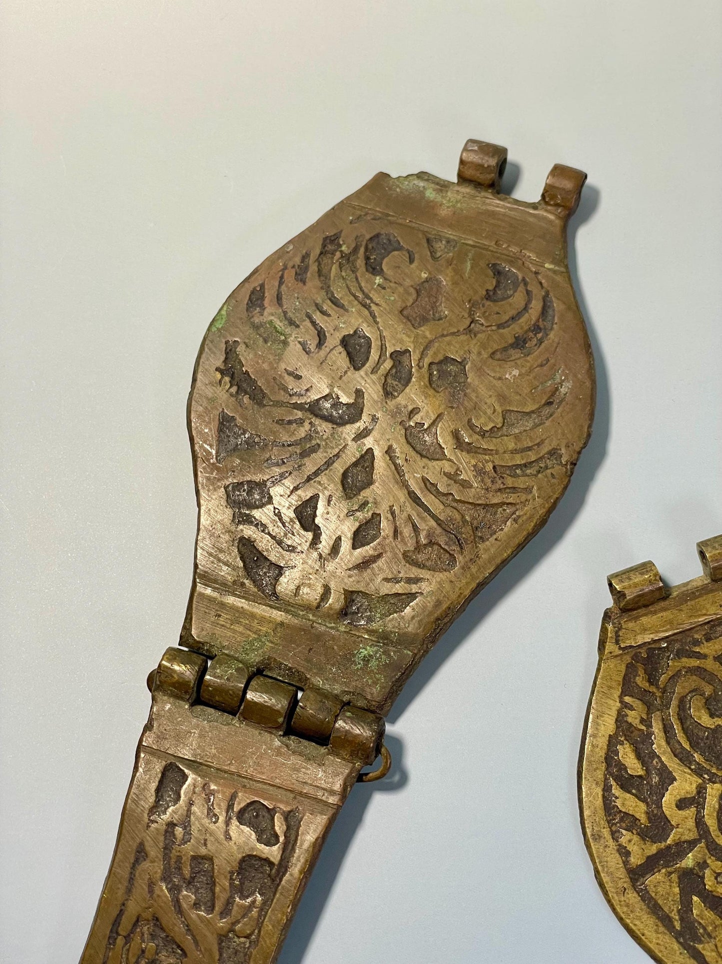 Lot of 2 Ancient Bronze Artifacts (4.24-8 inches) with Etched Design  One Hinged