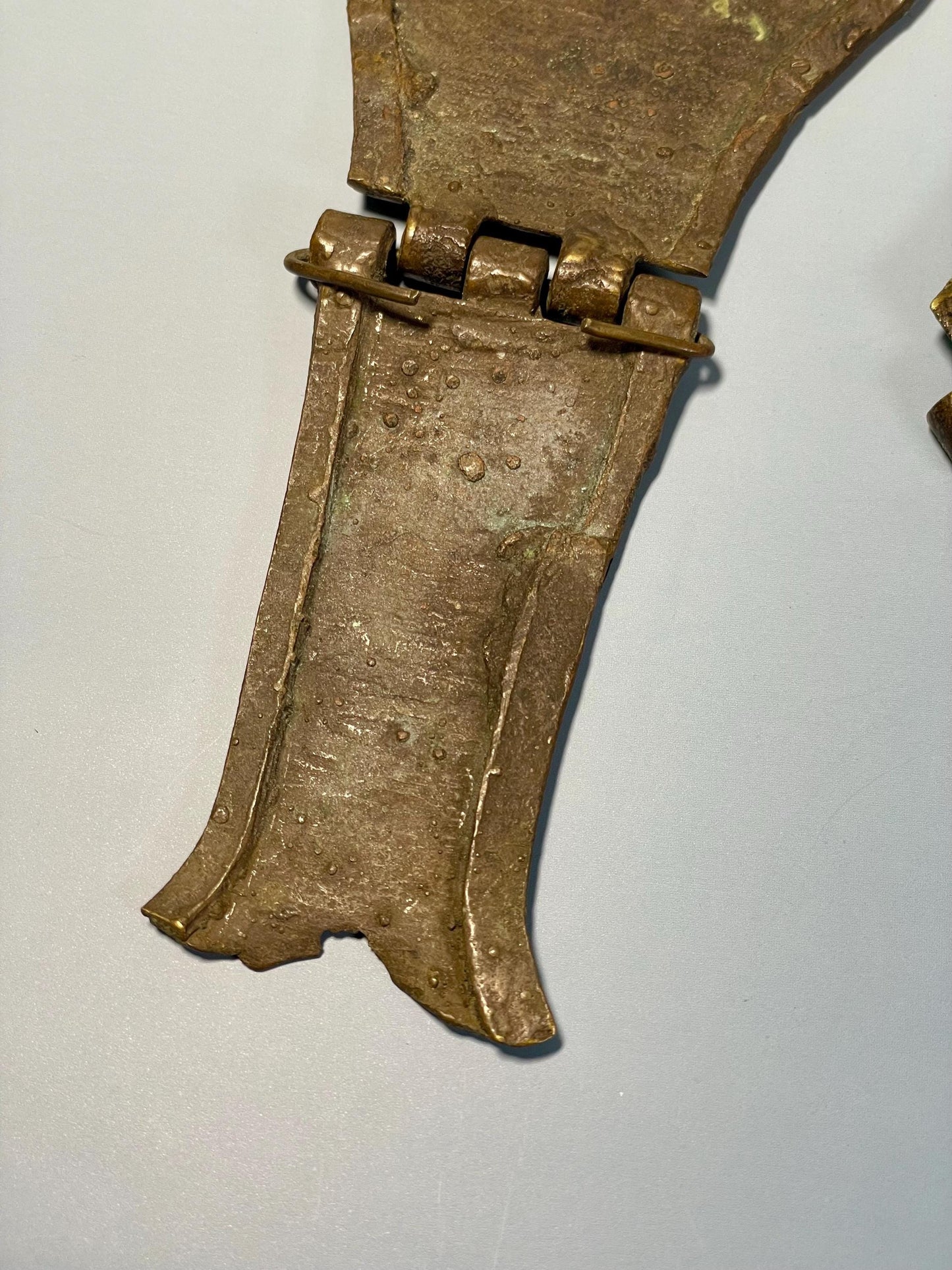 Lot of 2 Ancient Bronze Artifacts (4.24-8 inches) with Etched Design  One Hinged