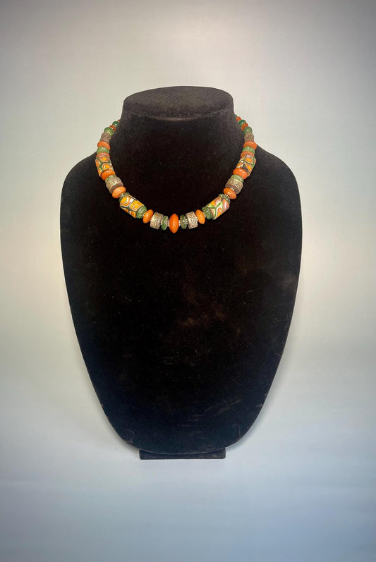 16 Venetian Glass Bead Necklace with Silver and Stone Accents