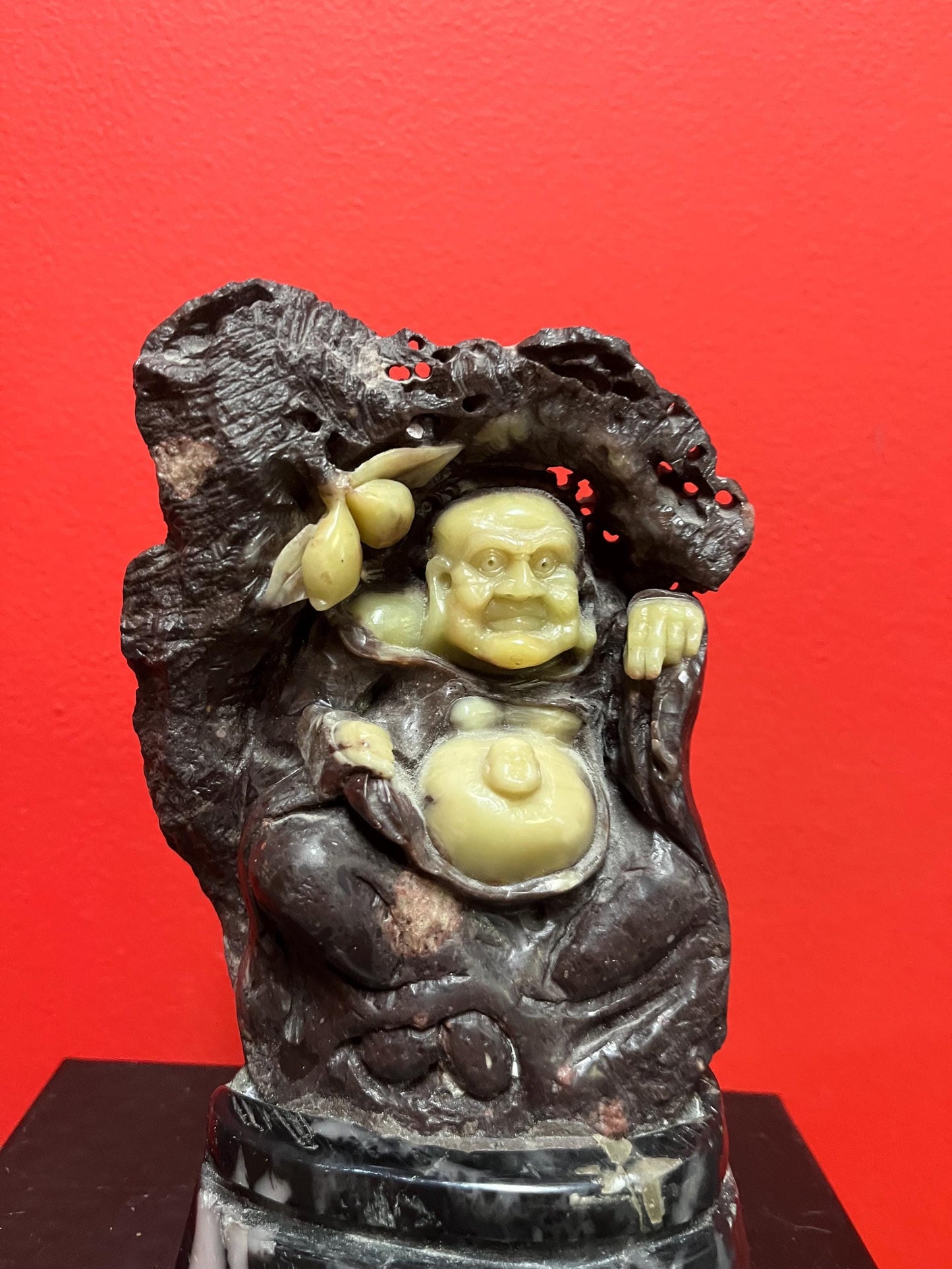 Beautiful antique Asian 7.5 inch tall stone and Jade statue of a  Buddha on marble  stand very unique  wonderful gift  heavy