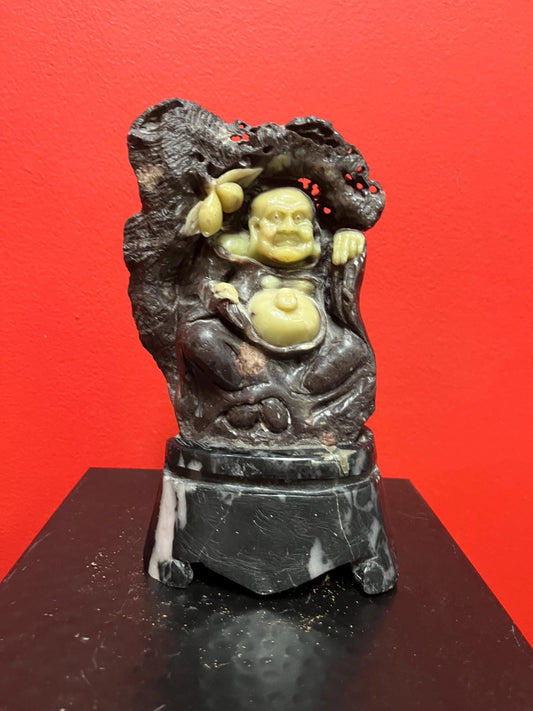 Beautiful antique Asian 7.5 inch tall stone and Jade statue of a  Buddha on marble  stand very unique  wonderful gift  heavy
