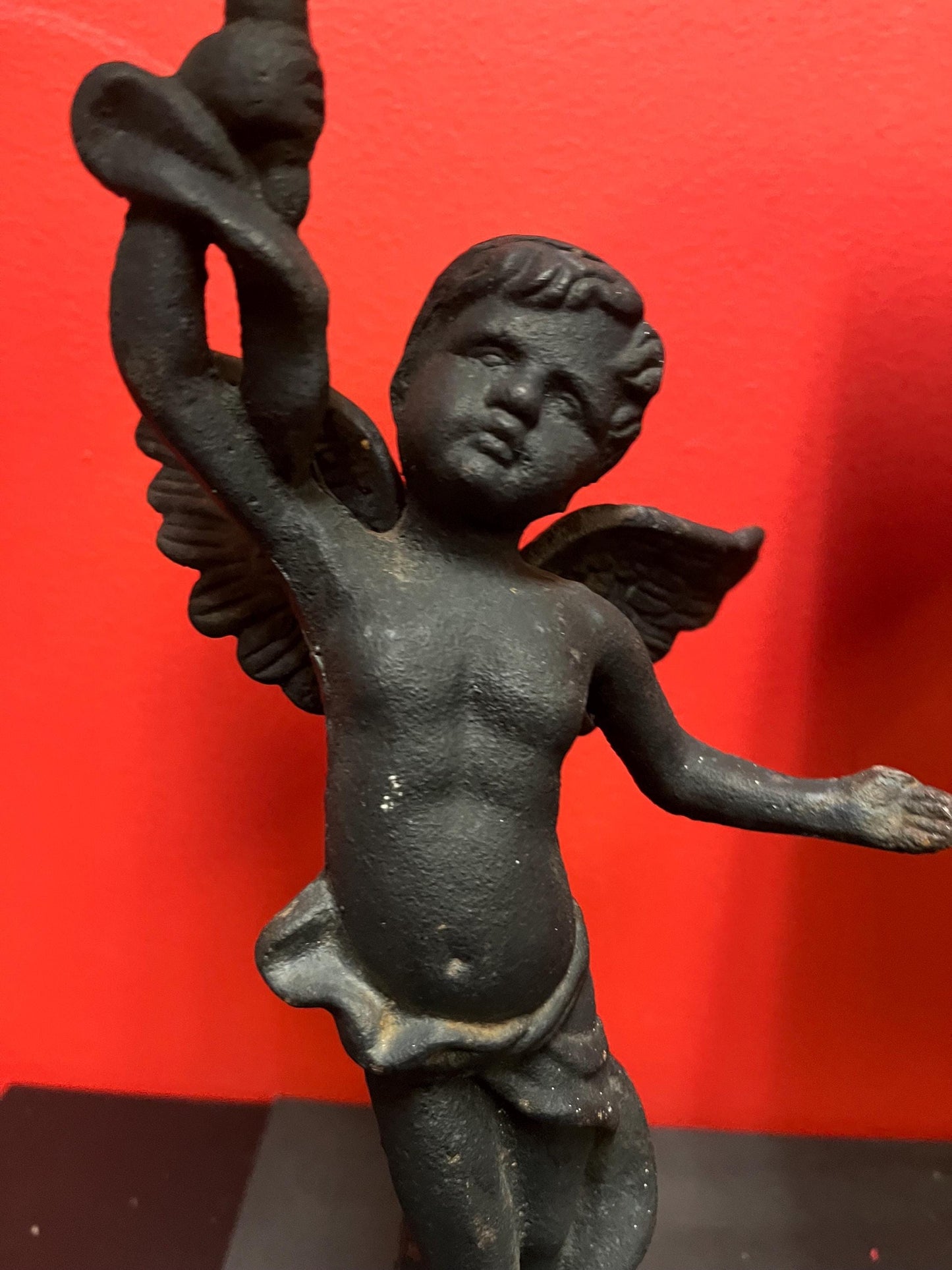 wonderful 15 inch tall cast iron antique cherub base of candle holder  great patina  inside or outside  wow