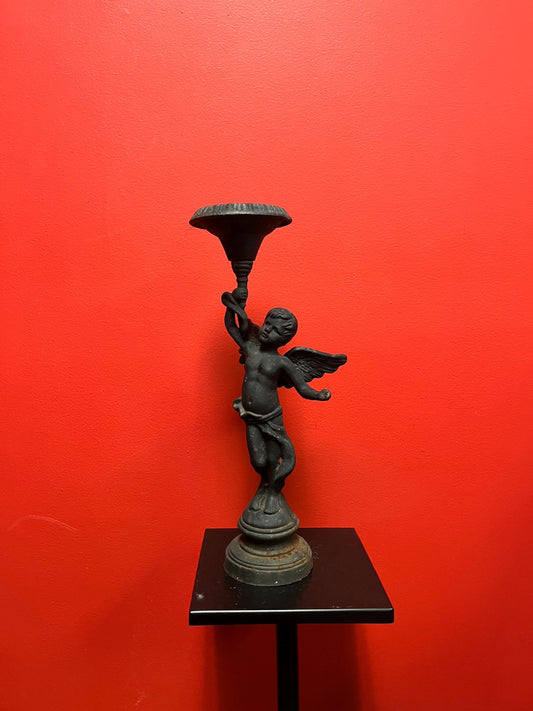 wonderful 15 inch tall cast iron antique cherub base of candle holder  great patina  inside or outside  wow