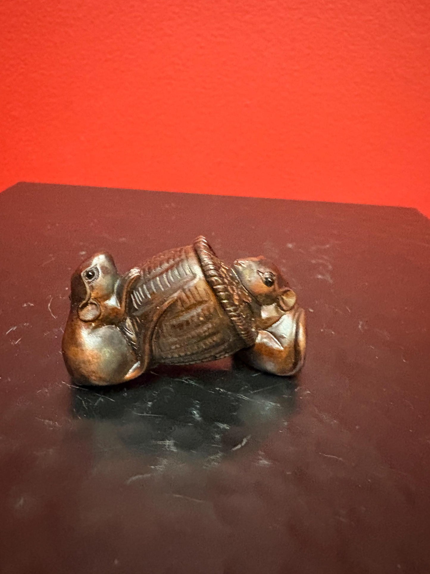 Absolutely fabulous 2 inch antique authentic Boxwood netsuke of rabbits in basket  Unbelievable detail  wow
