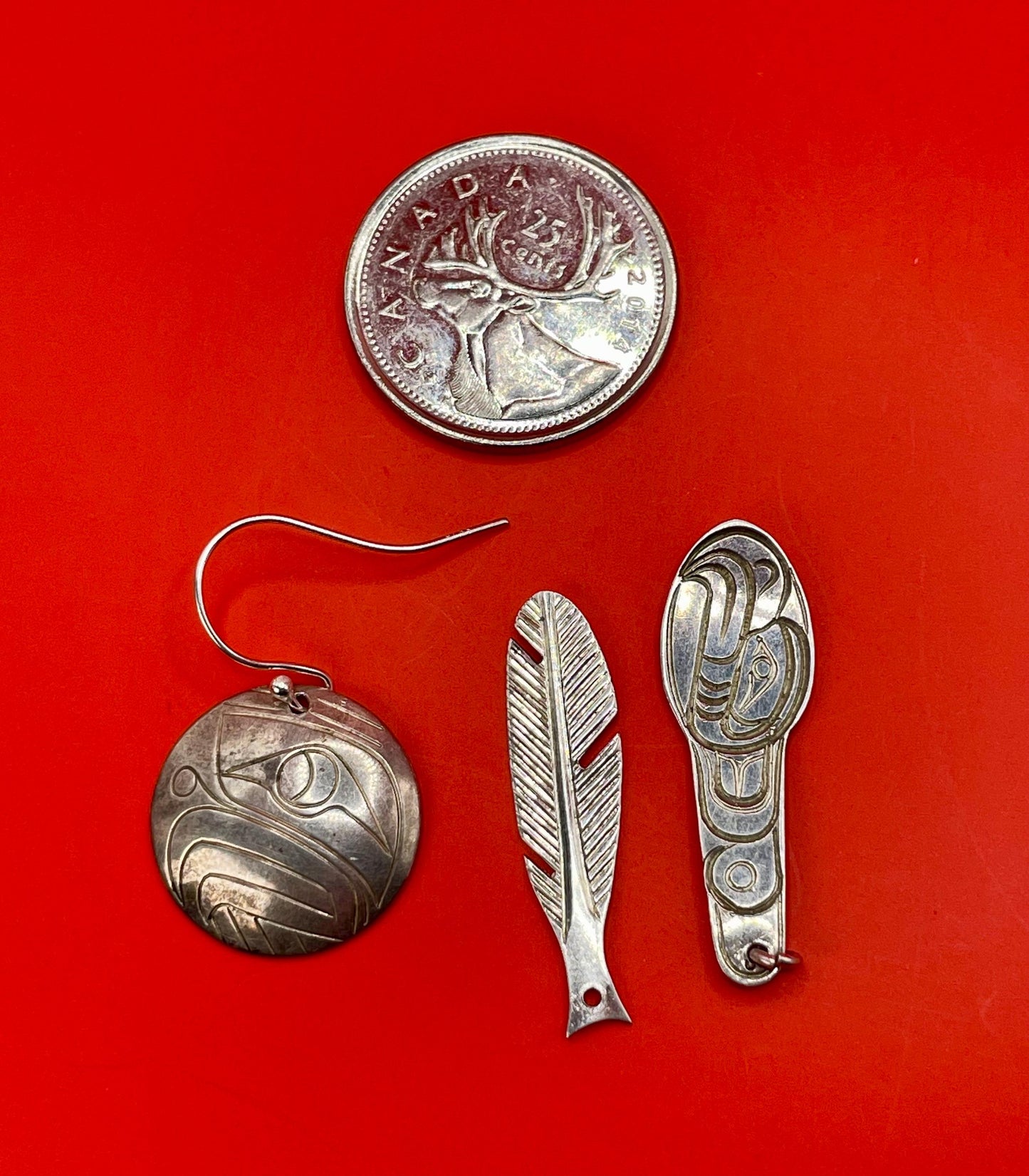 Indigenous First Nations Sterling Silver Earring, Pendant and feather  great value