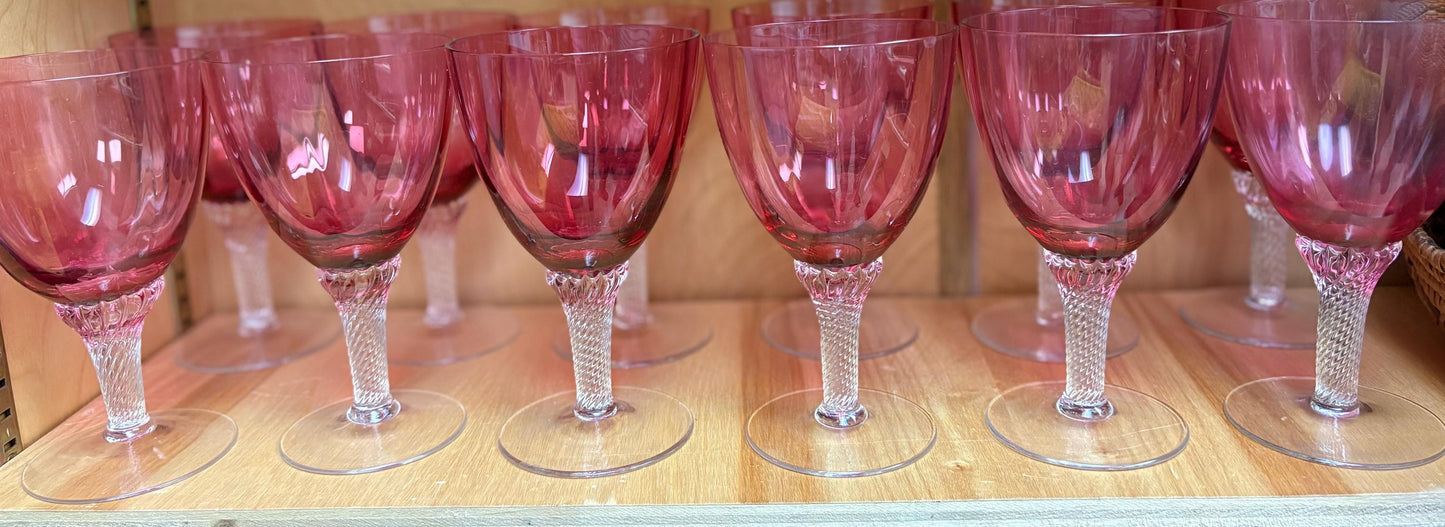 Stunning 7 inch tall antique air twist cranberry glass wine glass goblet in perfect condition - multiple available