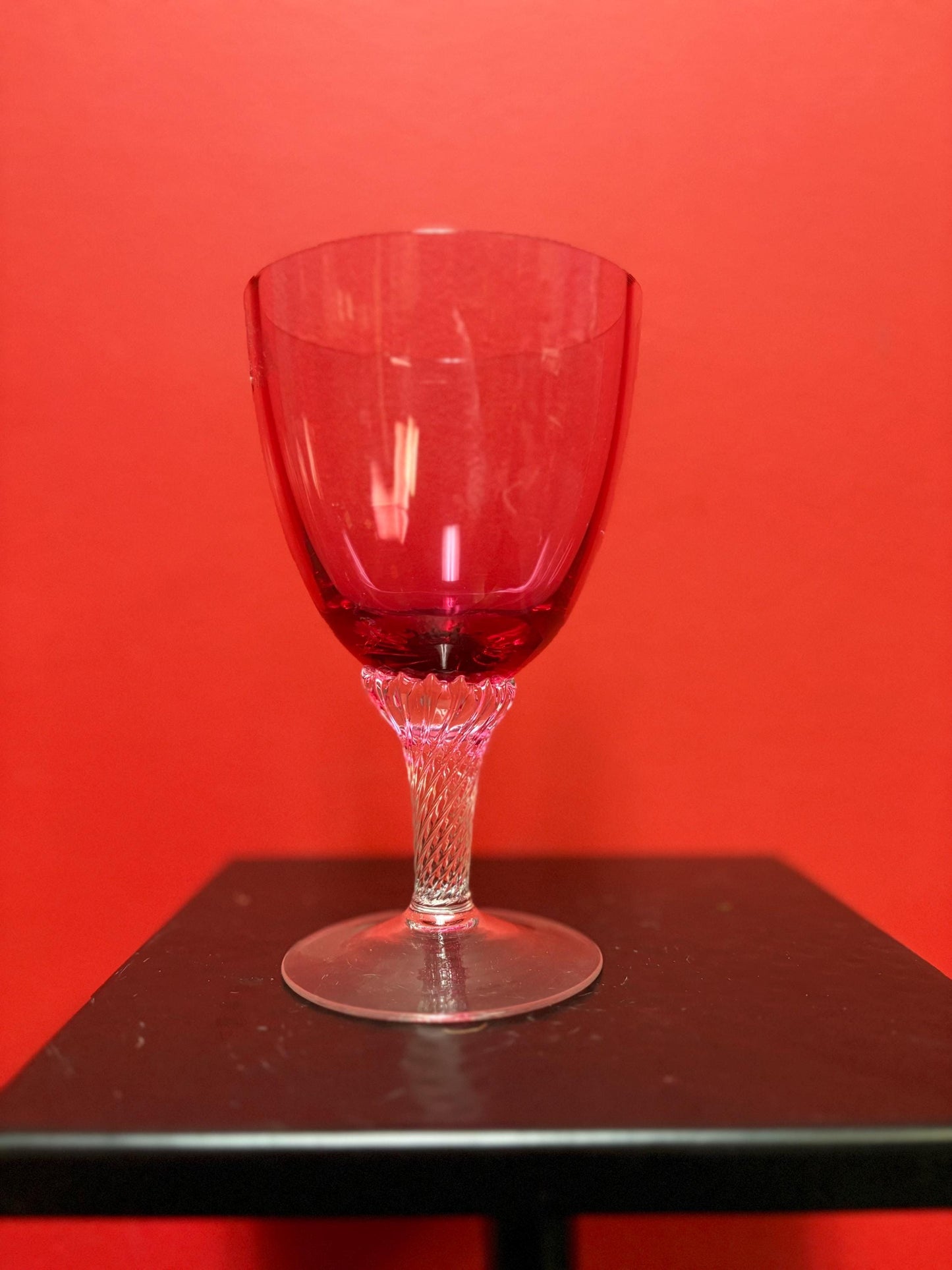Stunning 7 inch tall antique air twist cranberry glass wine glass goblet in perfect condition - multiple available