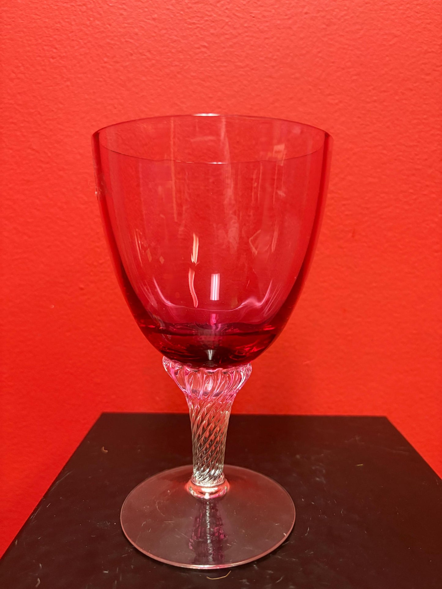 Stunning 7 inch tall antique air twist cranberry glass wine glass goblet in perfect condition - multiple available
