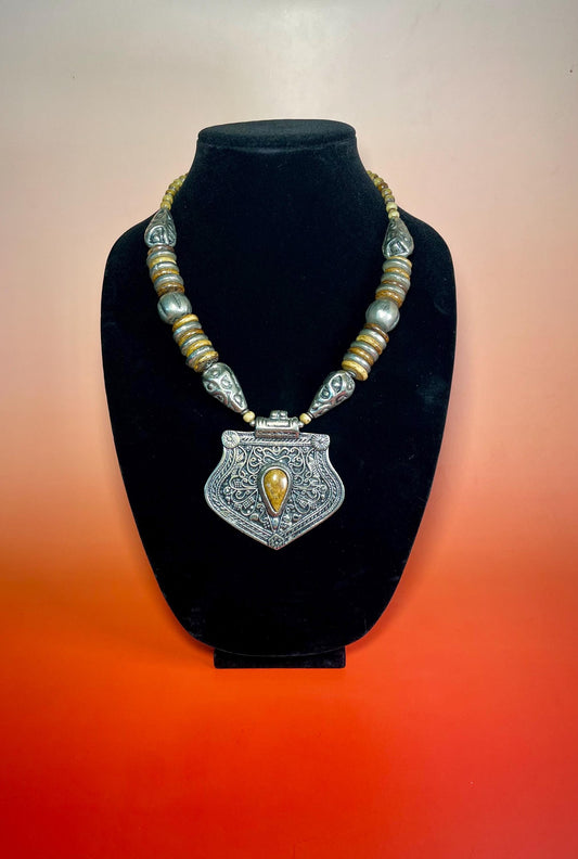 Vintage Statement Necklace  Untested Silver Pendant with Amber-Colored Stone