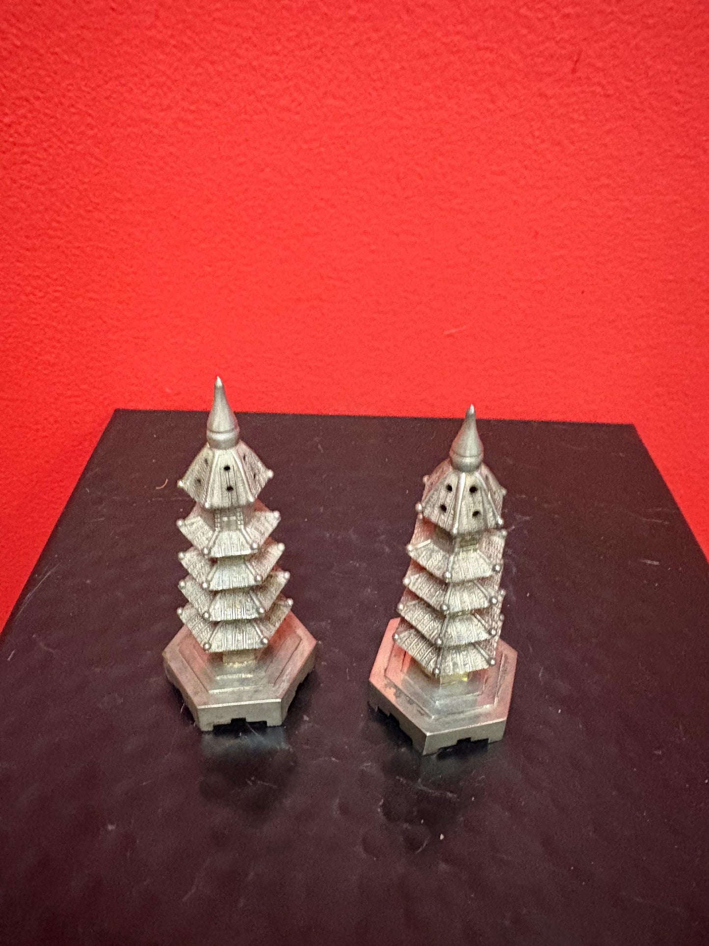 Beautiful Asian Sterling pagoda Salt-N-Pepper  3.25 inch high  stamped  great gift- lovely detail