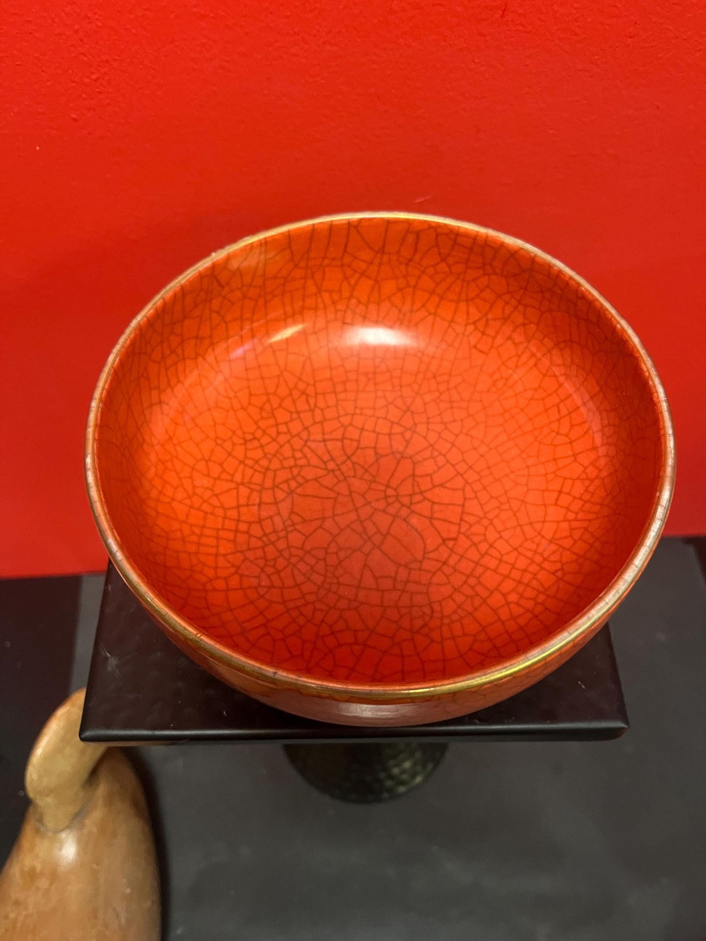 Absolutely beautiful Asian crackle crazed antique orange bowl  wonderful condition and 8 inches long  most likely Chinese
