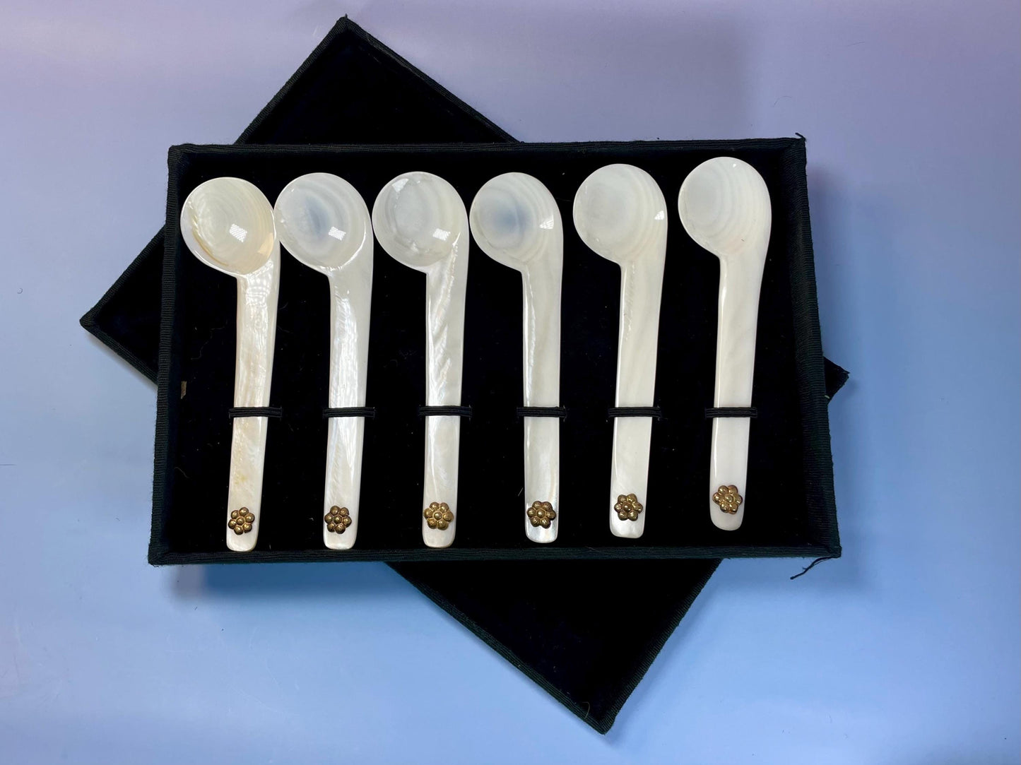 Vintage Shell Spoon Set with Flower Handles  With Box