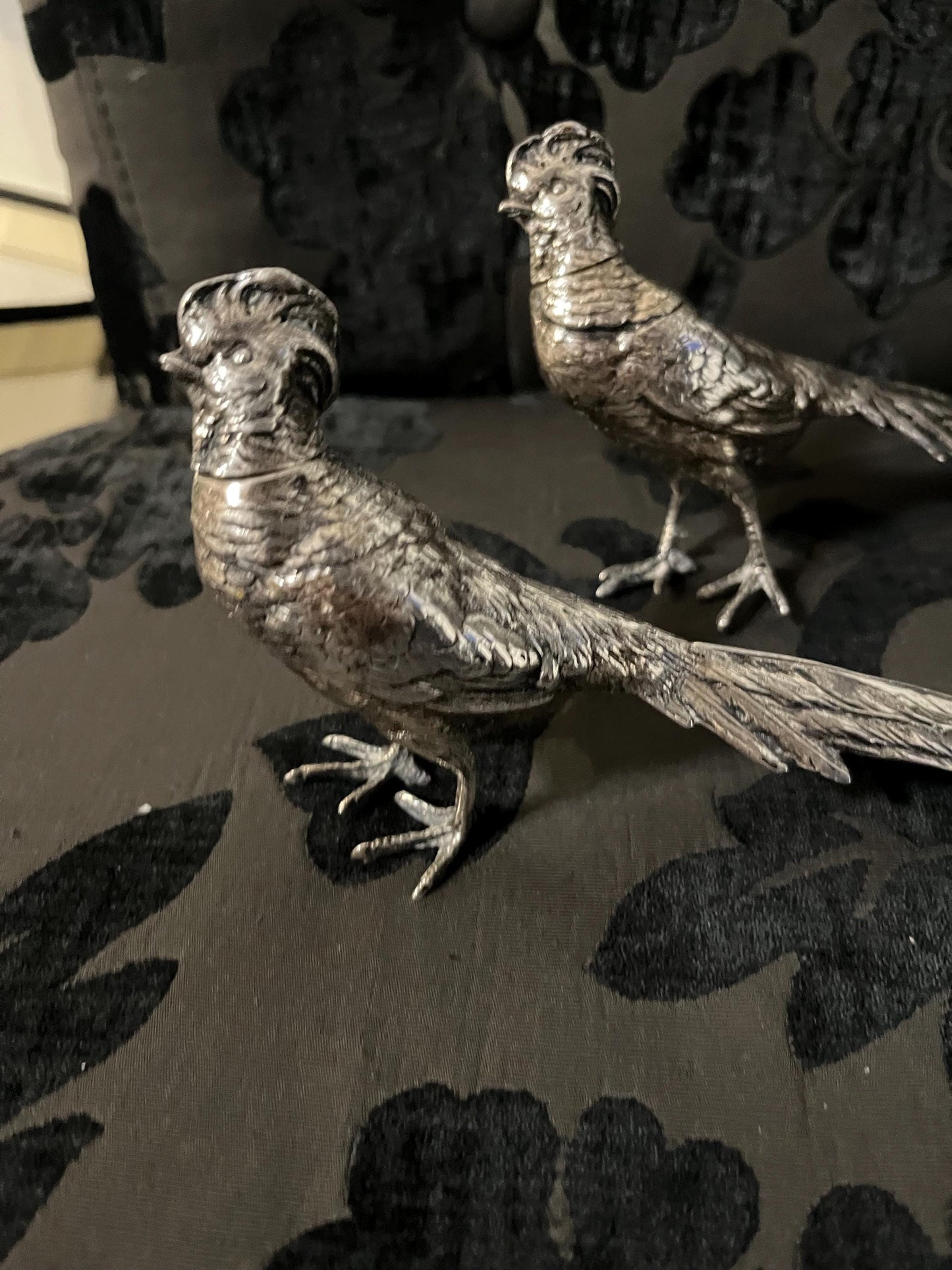 Amazing antique European 800 silver stamped pheasant salt and pepper  great detail  heavy  195 grams  wow detail