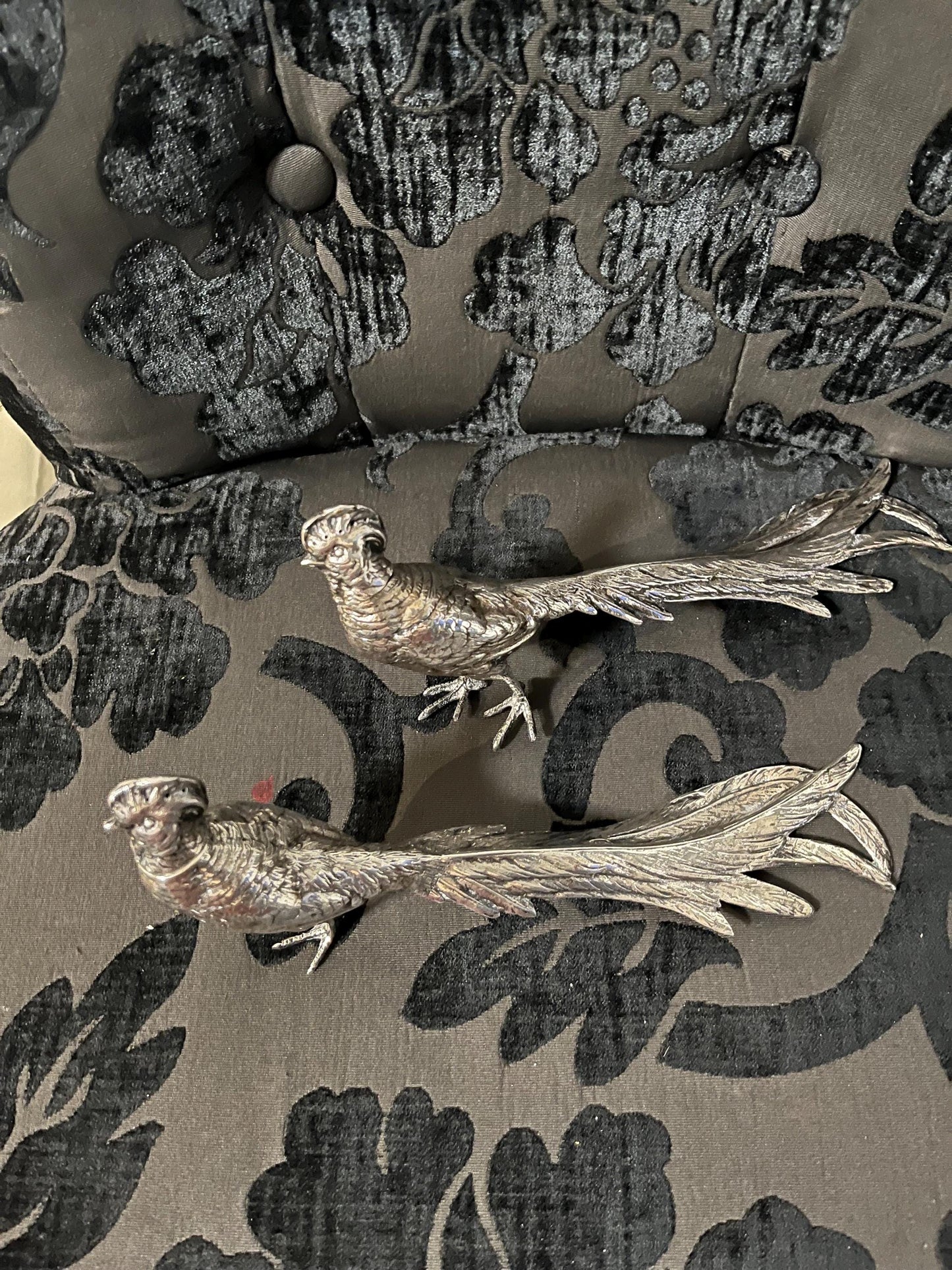 Amazing antique European 800 silver stamped pheasant salt and pepper  great detail  heavy  195 grams  wow detail