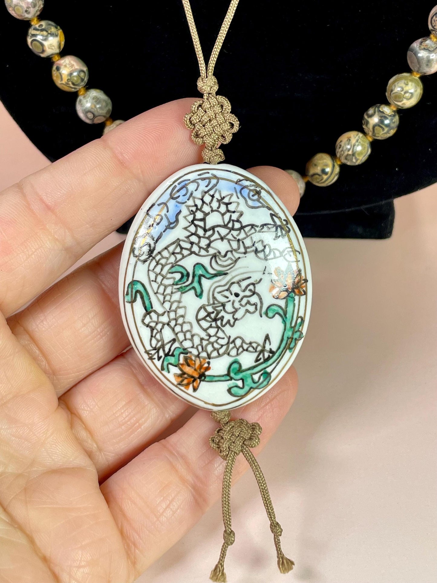 38 inch Hand-painted Ceramic Pendant Necklace with Beaded Strand