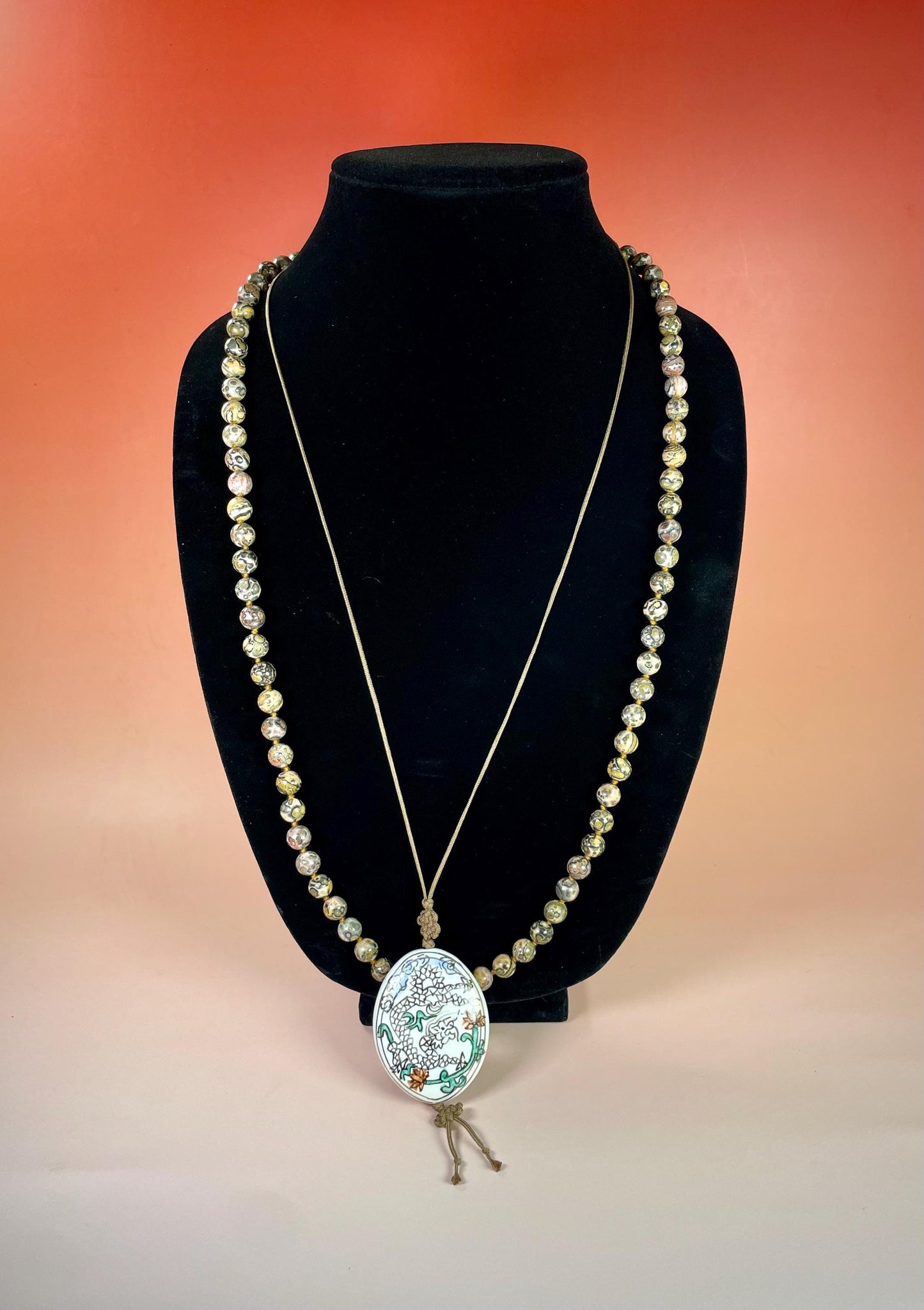 38 inch Hand-painted Ceramic Pendant Necklace with Beaded Strand