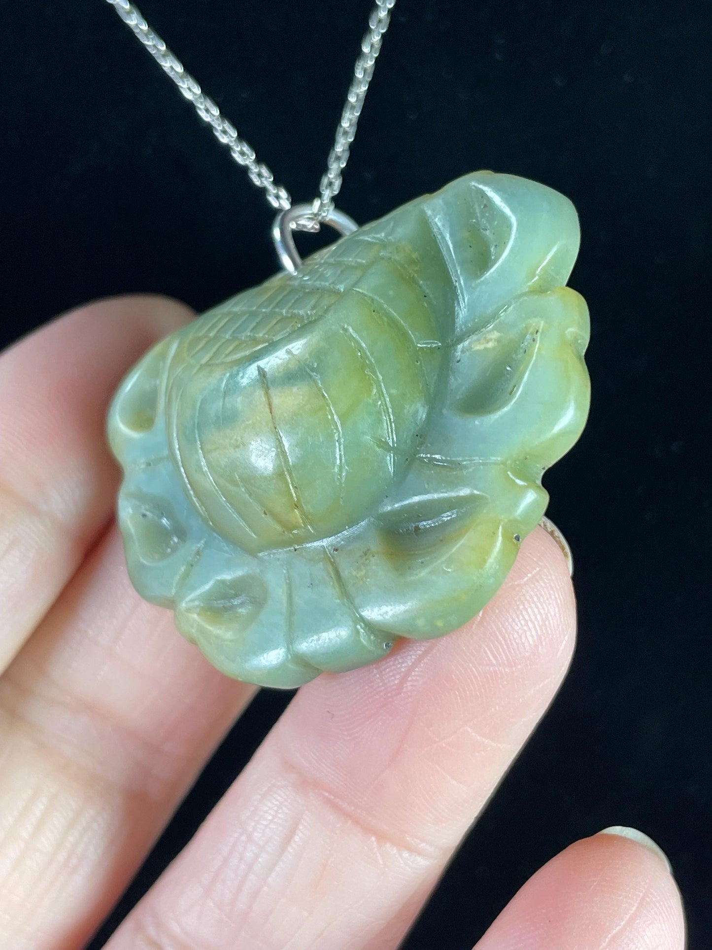 Jade Lotus Flower Pendant on Silver Chain