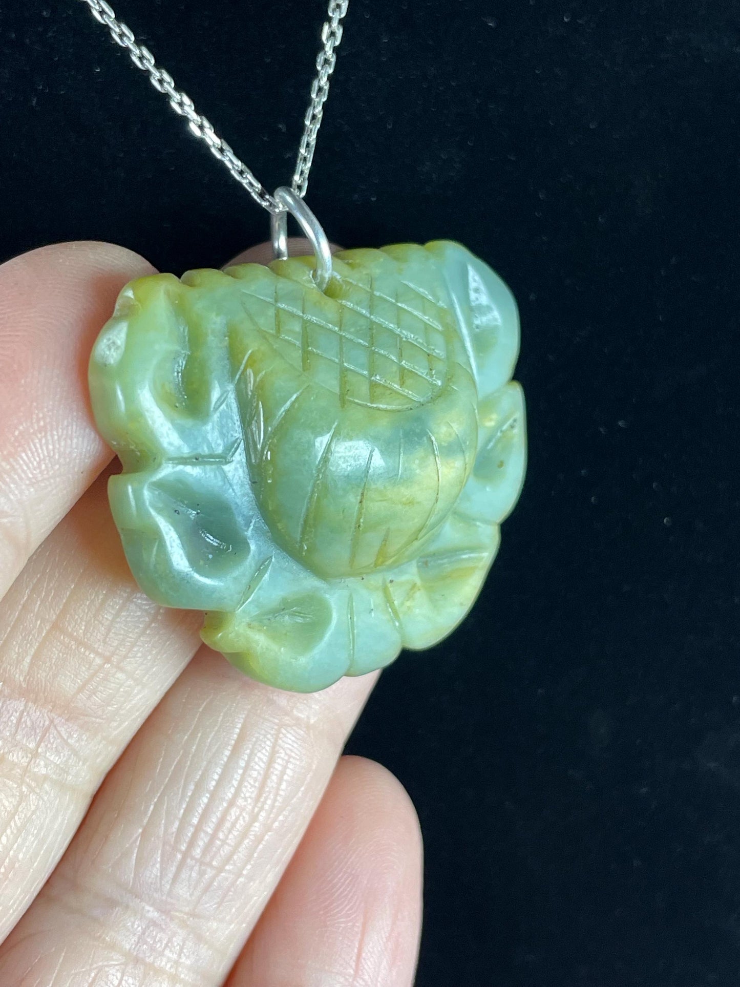 Jade Lotus Flower Pendant on Silver Chain