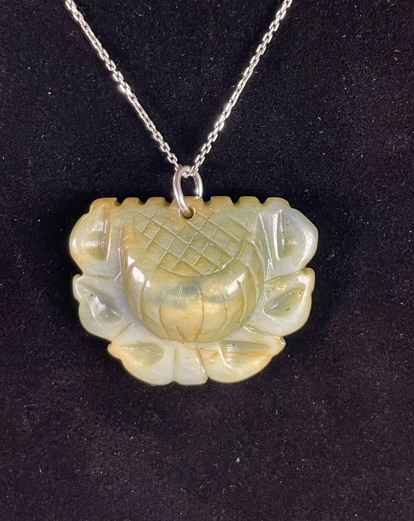 Jade Lotus Flower Pendant on Silver Chain