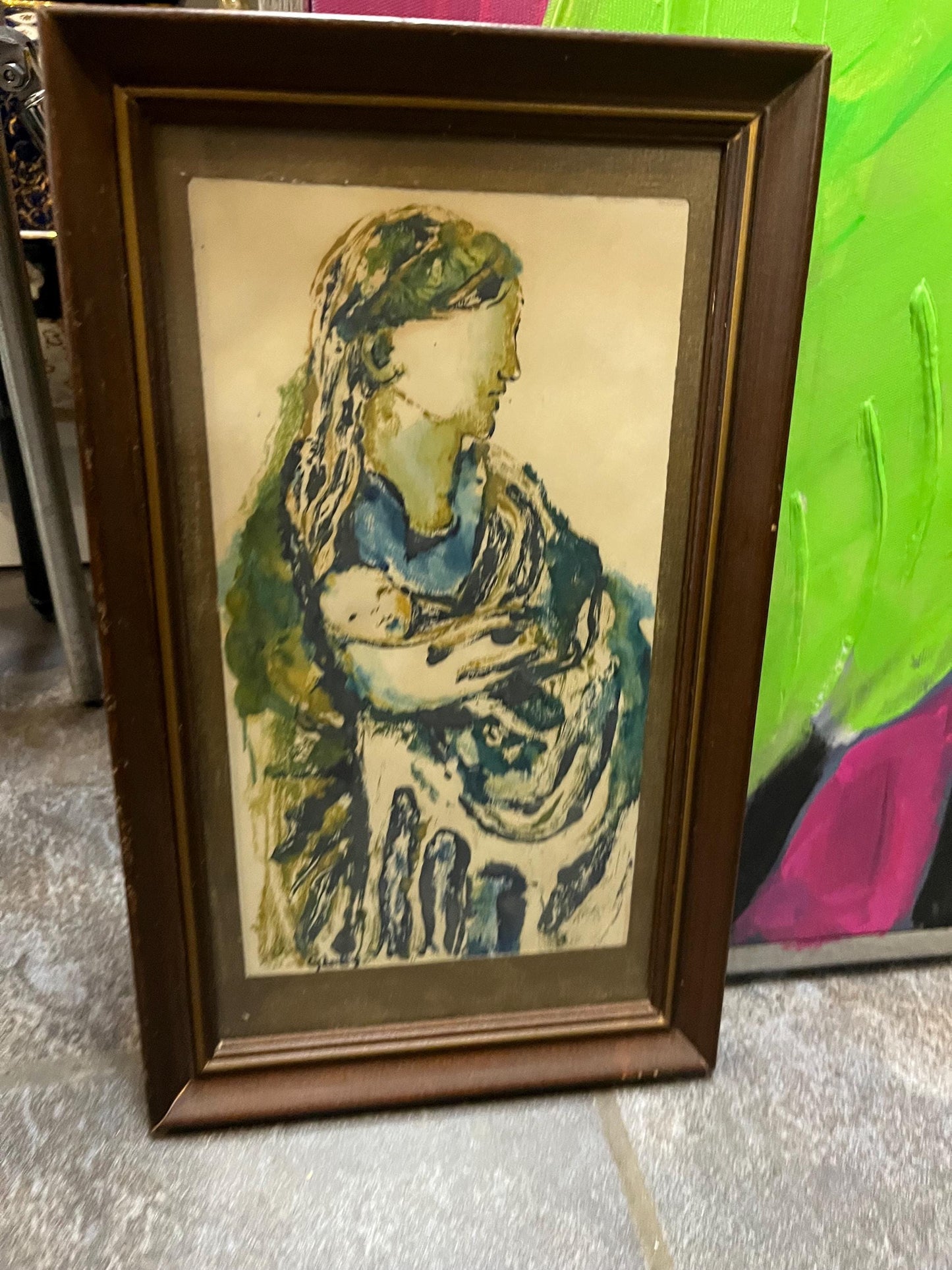 Beautiful 12 x 7 original painting on paper  signed in nice frame  mid century modern  mother and child