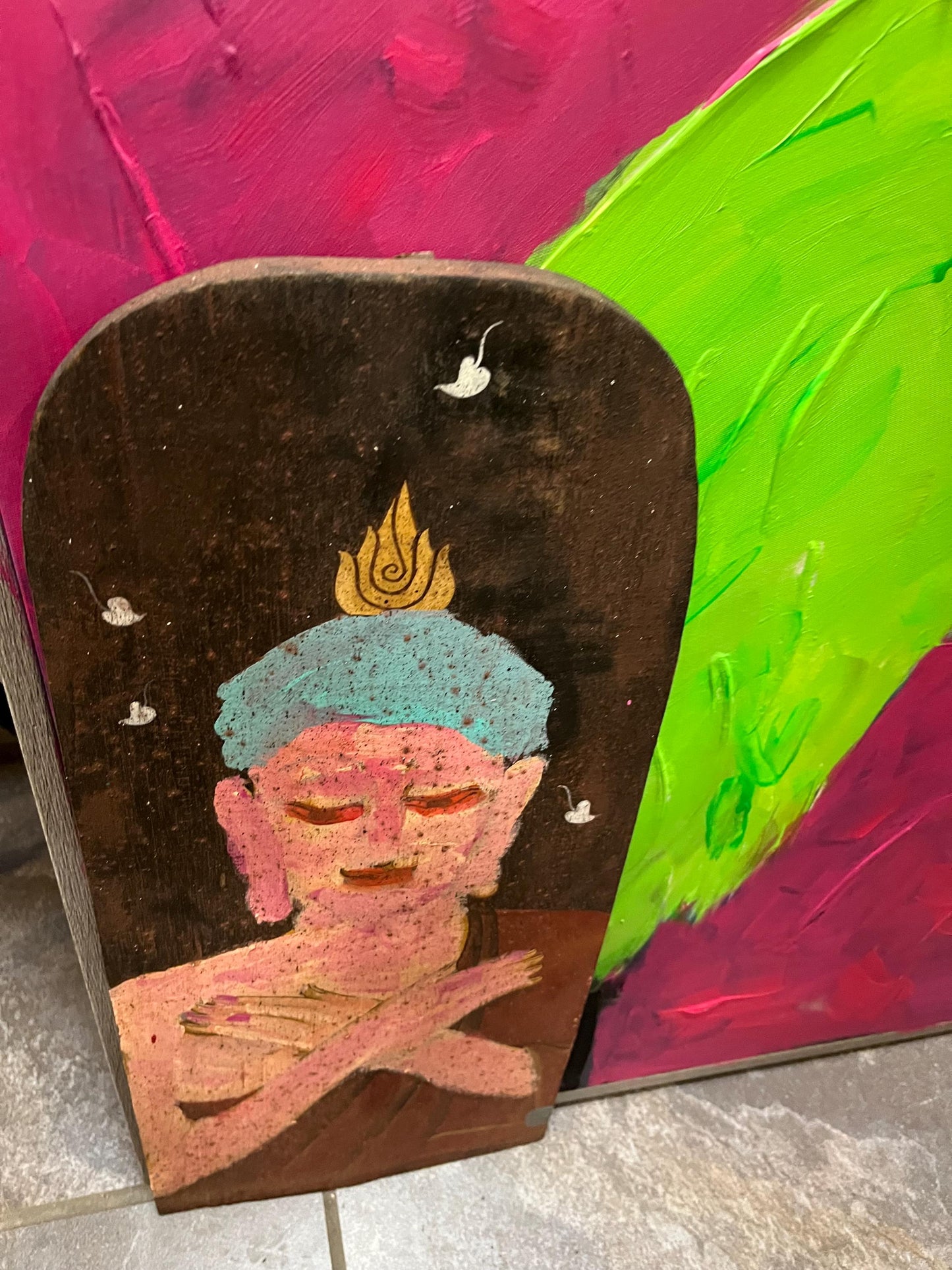 Very unique 20 x 9 primitive folk art Nepalese painting of a Buddha on wood panel  great imagery