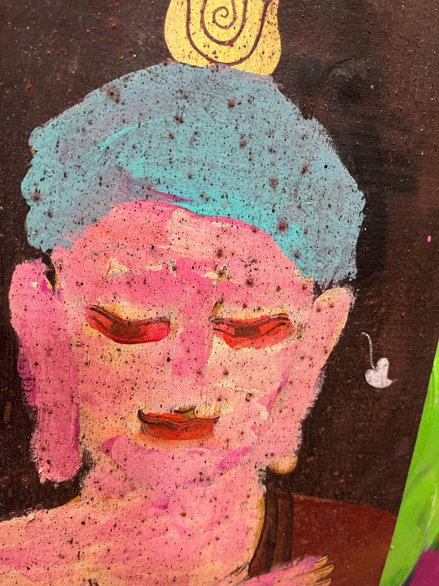 Very unique 20 x 9 primitive folk art Nepalese painting of a Buddha on wood panel  great imagery