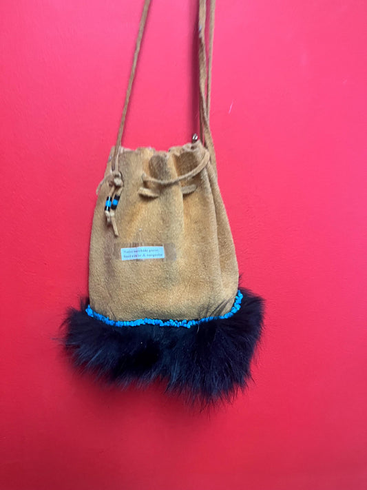 stunning American native moosehide purse lined with fur  and turquoise pretty good condition see photos- 34 inches total and bag 10 inches