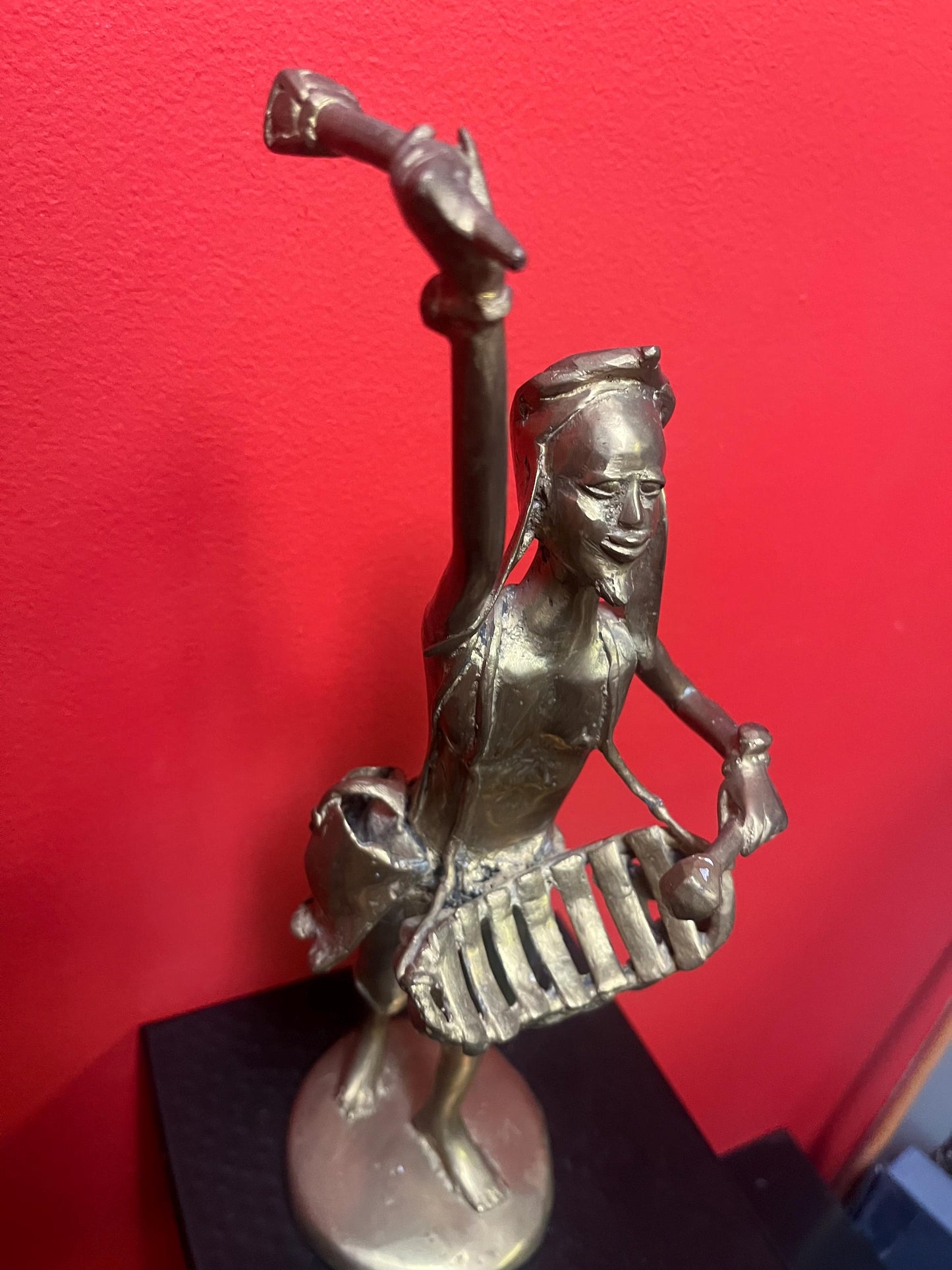 Absolutely stunning 14 inch tall, antique Ashanti African bronze statue of a drummer  from major collection with amazing patina